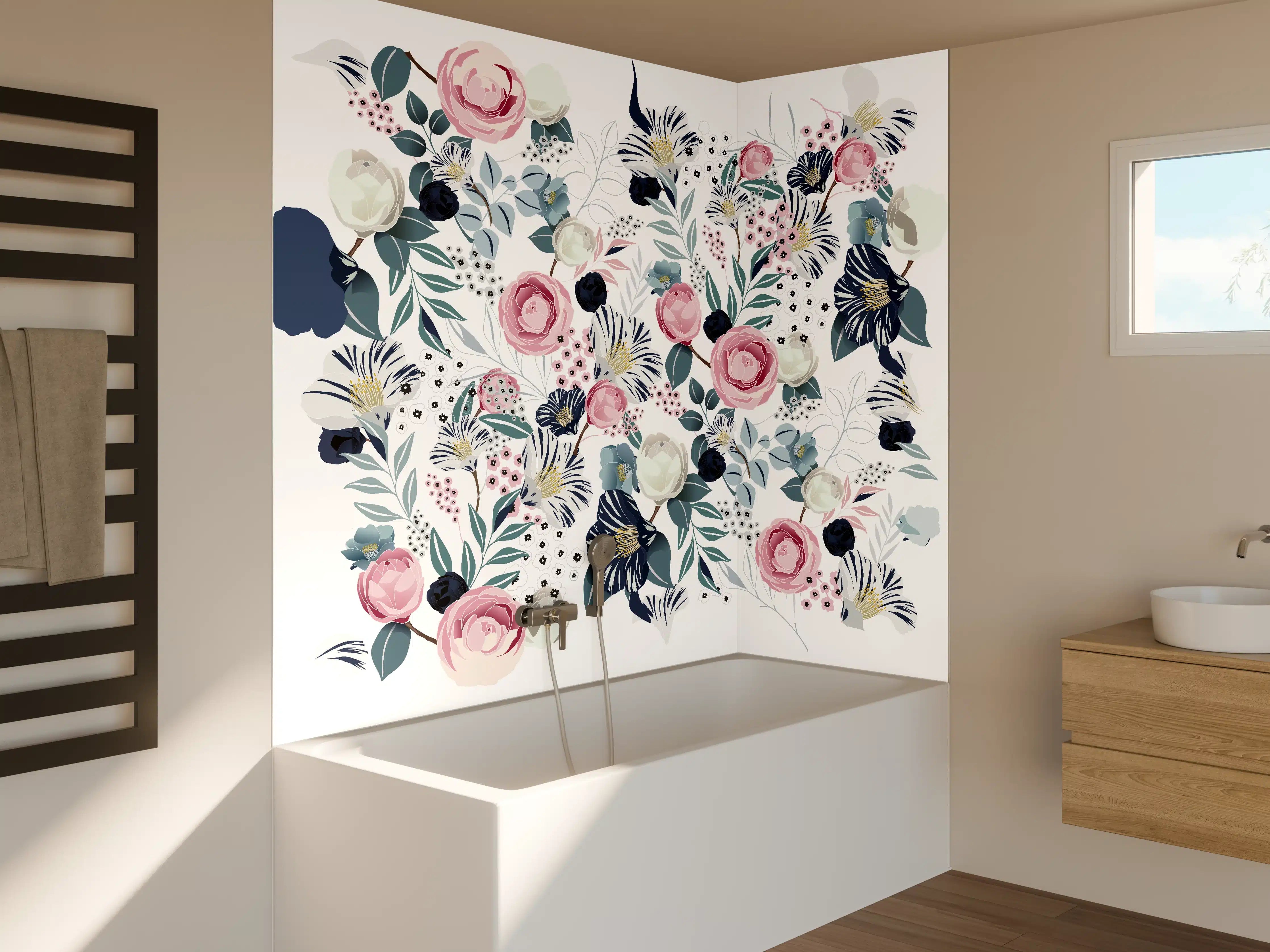 Badewannen-Rückwand - Florales Muster in Pastellfarben