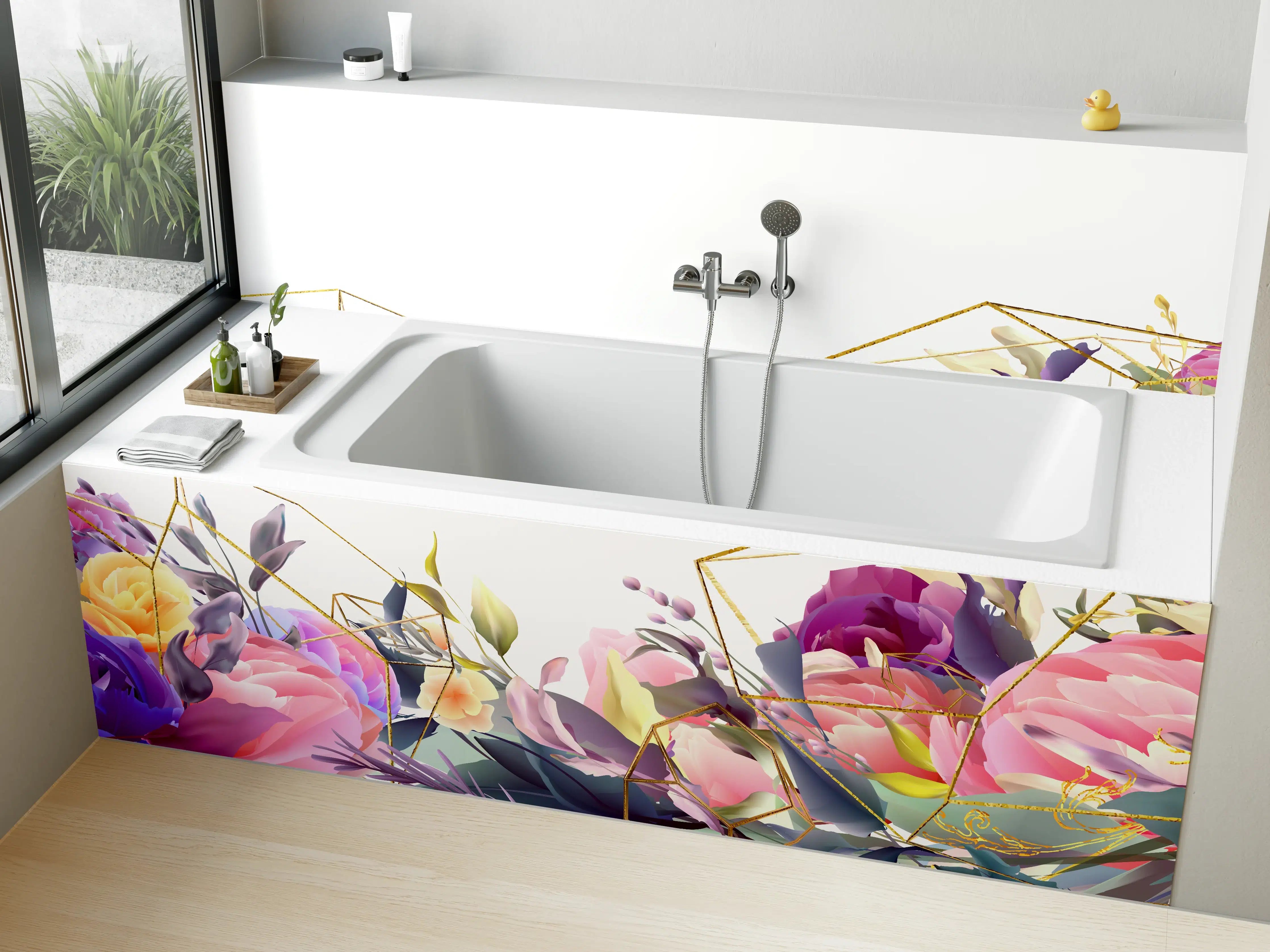 Badewannen-Rückwand - Florales Muster mit Goldakzenten