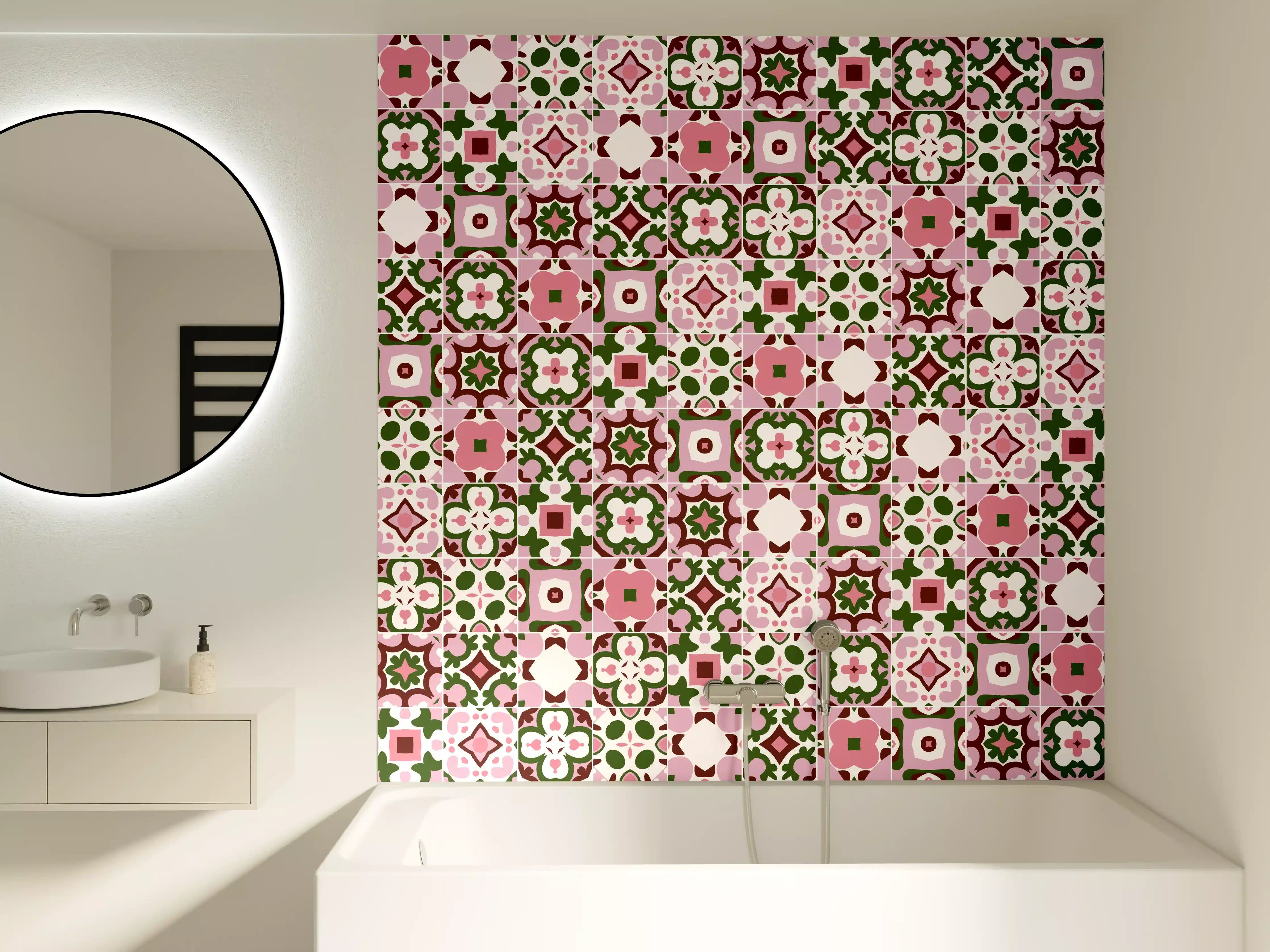 Badewannen-Rückwand - Florales Muster mit Pink, Grün und Weiß