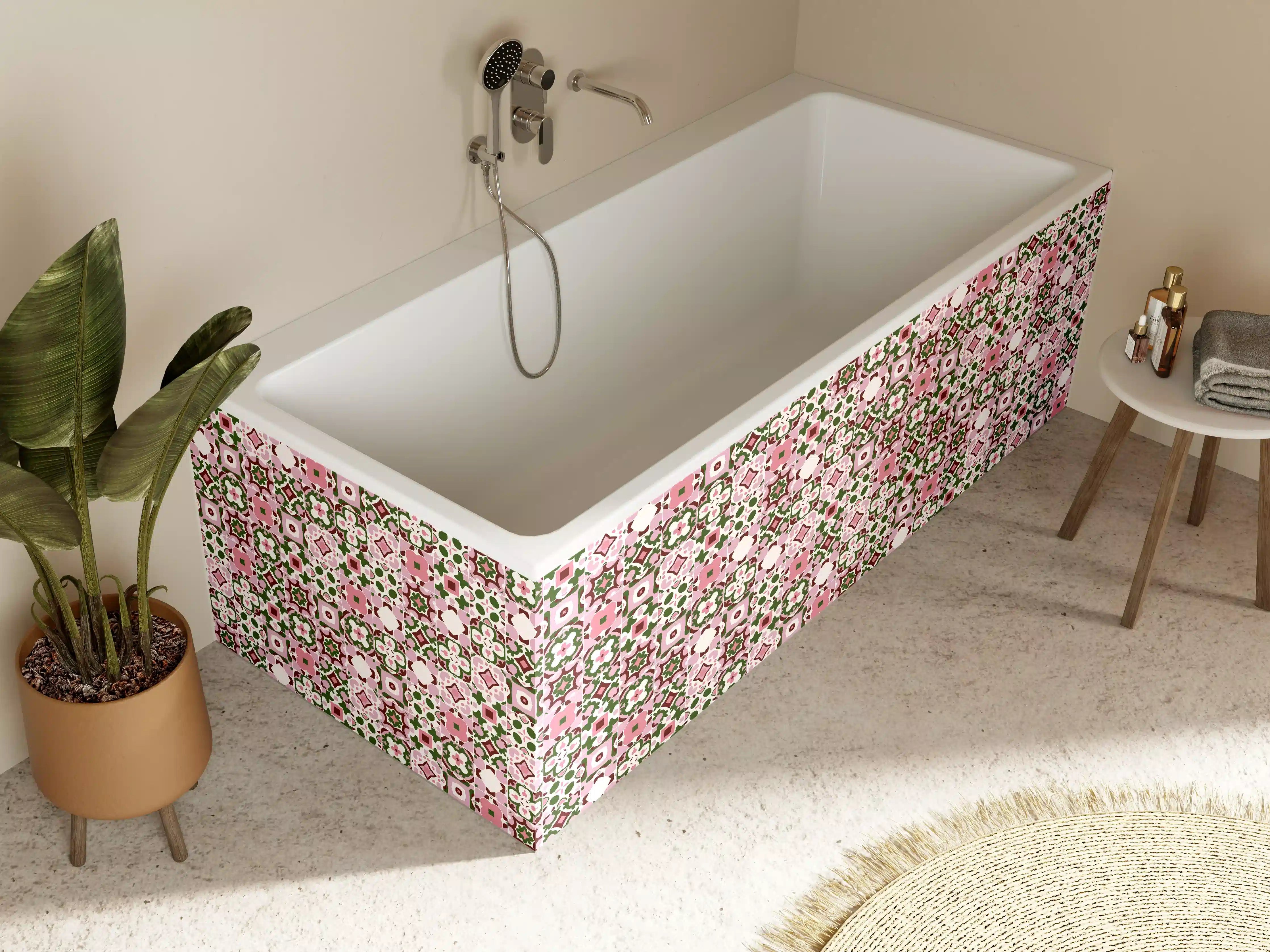 Badewannen-Rückwand - Florales Muster mit Pink, Grün und Weiß