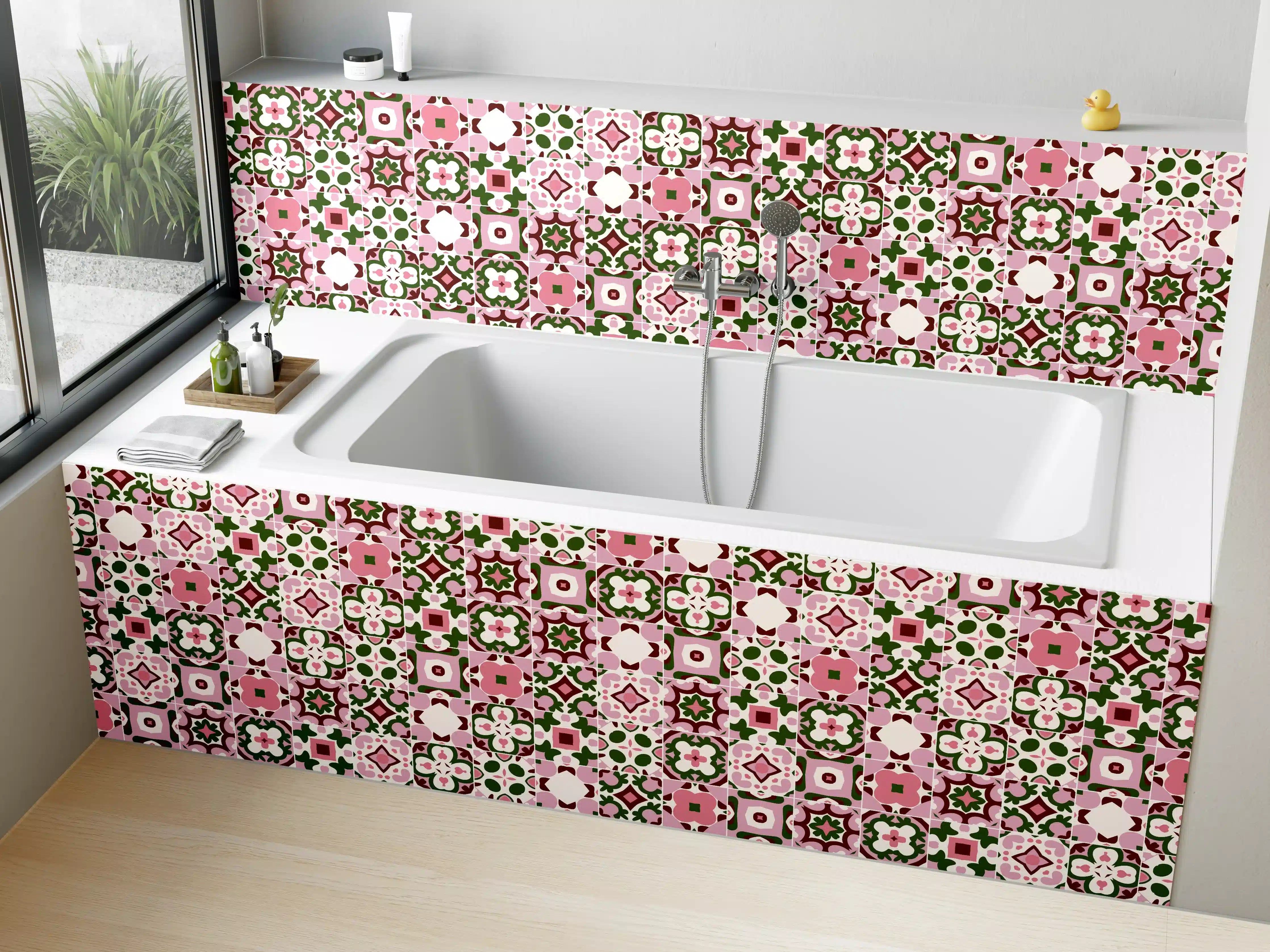Badewannen-Rückwand - Florales Muster mit Pink, Grün und Weiß