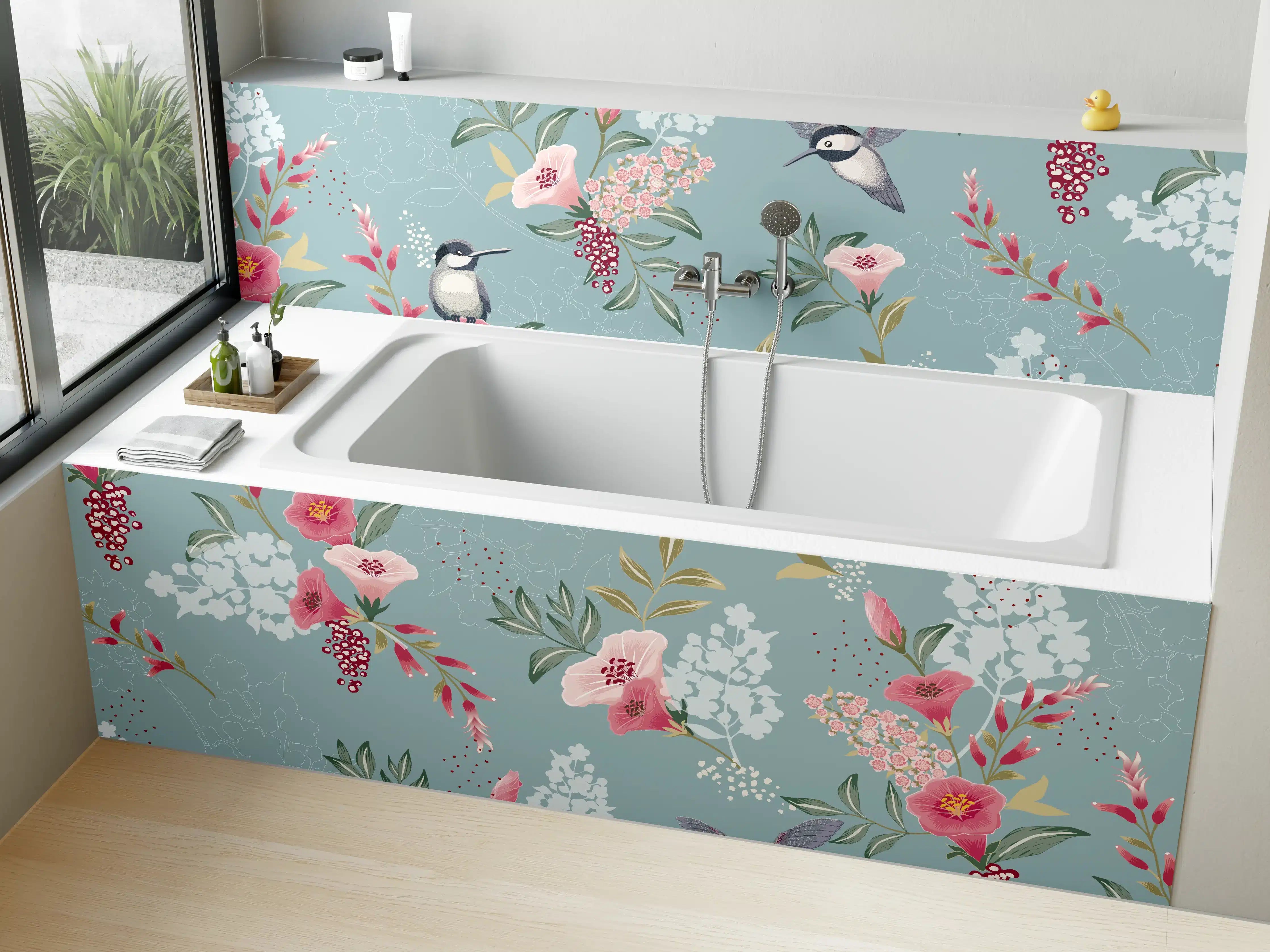 Badewannen-Rückwand - Florales Muster mit Vögeln Pastell