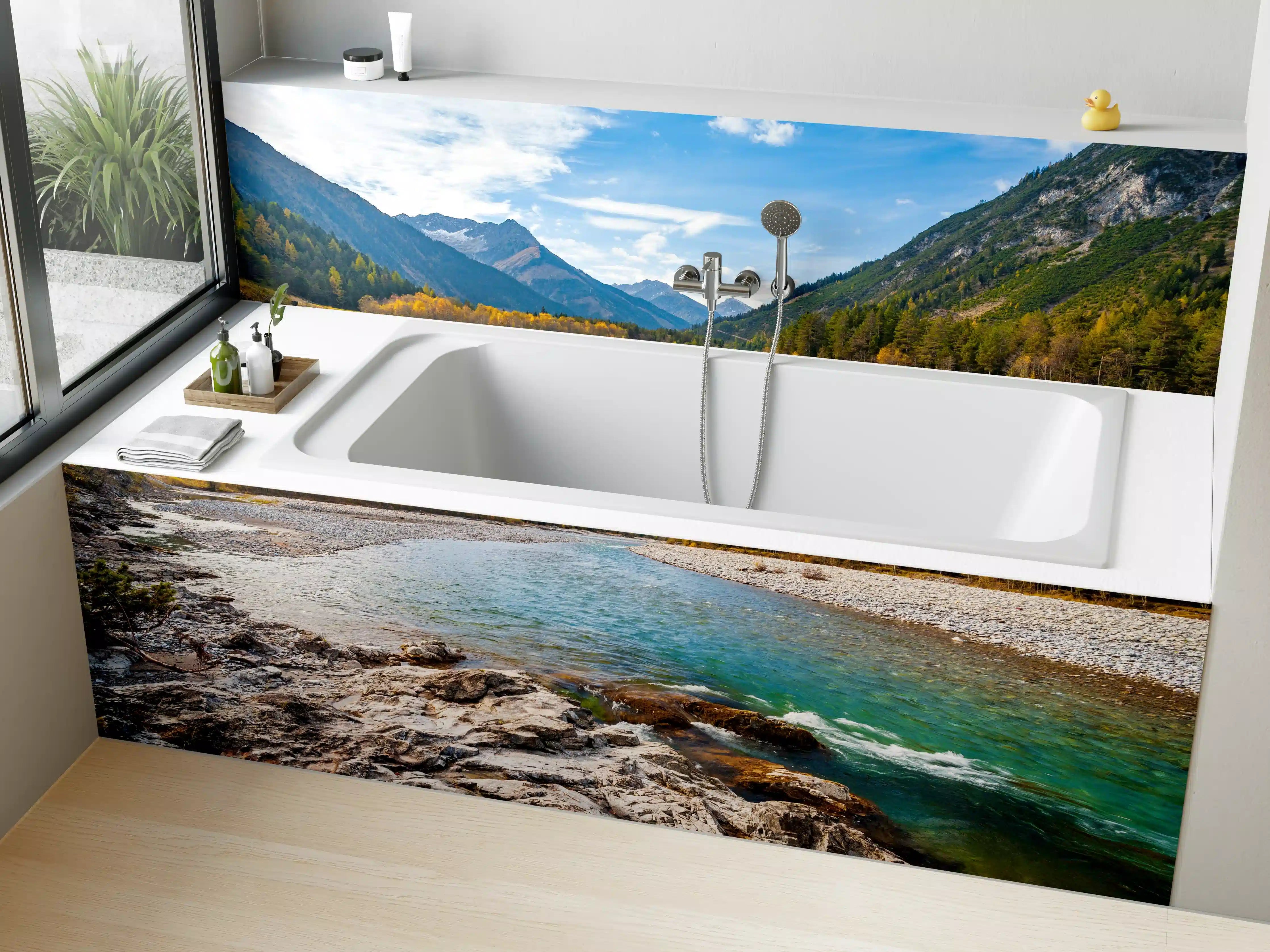 Badewannen-Rückwand - Fluss durch die Alpen im Herbst