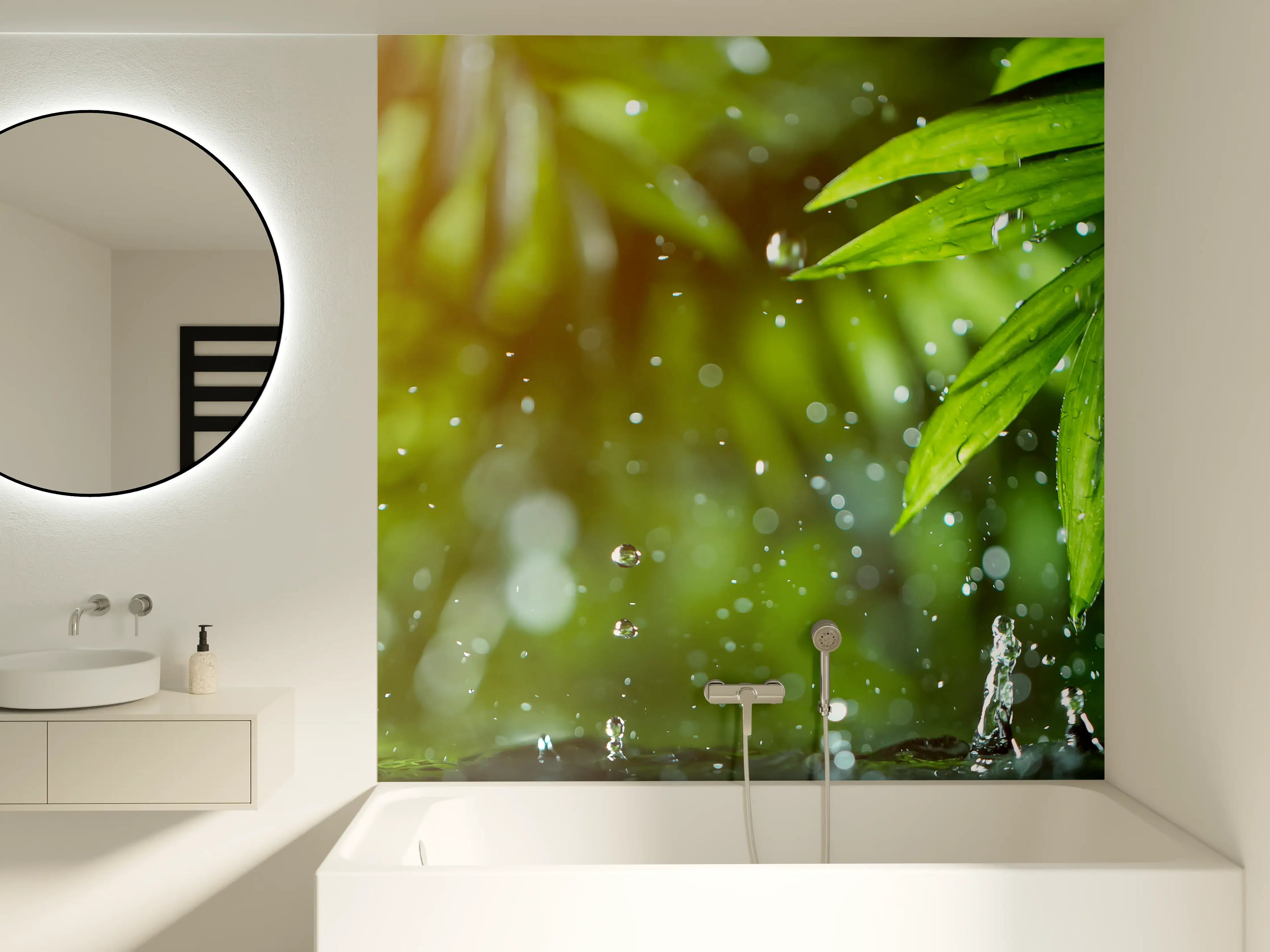 Badewannen-Rückwand - Frische Blätter mit Wassertropfen