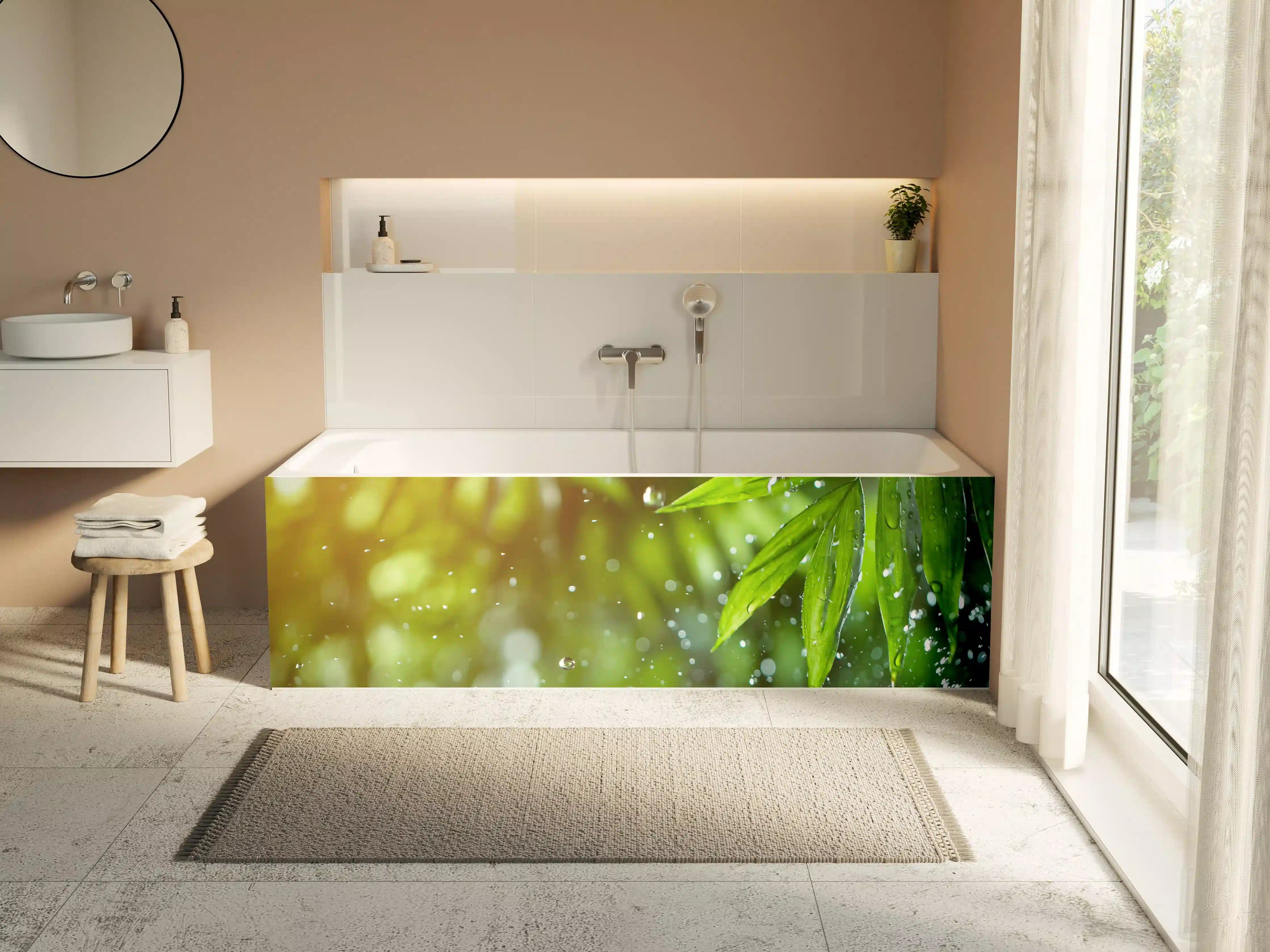 Badewannen-Rückwand - Frische Blätter mit Wassertropfen