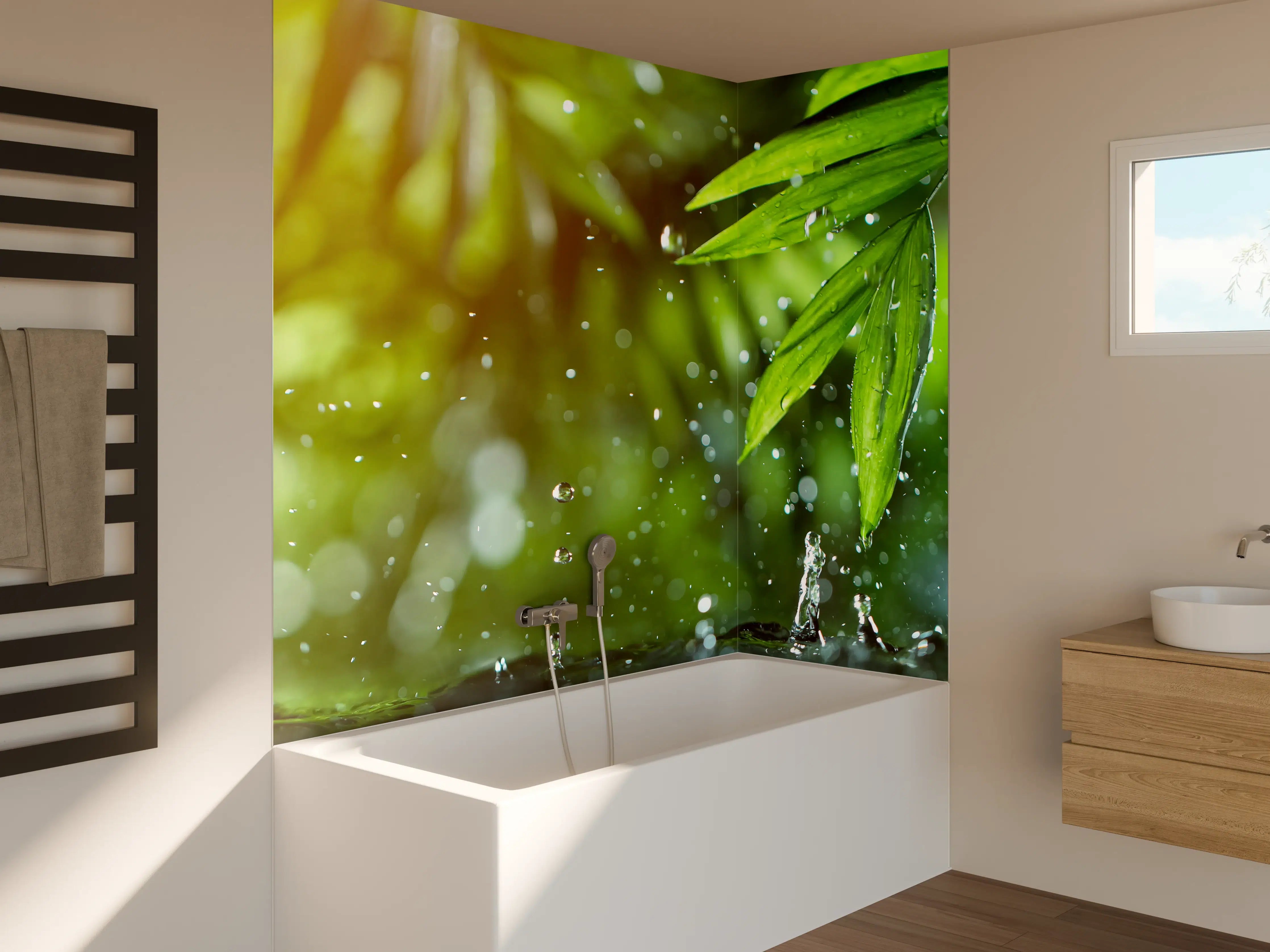 Badewannen-Rückwand - Frische Blätter mit Wassertropfen
