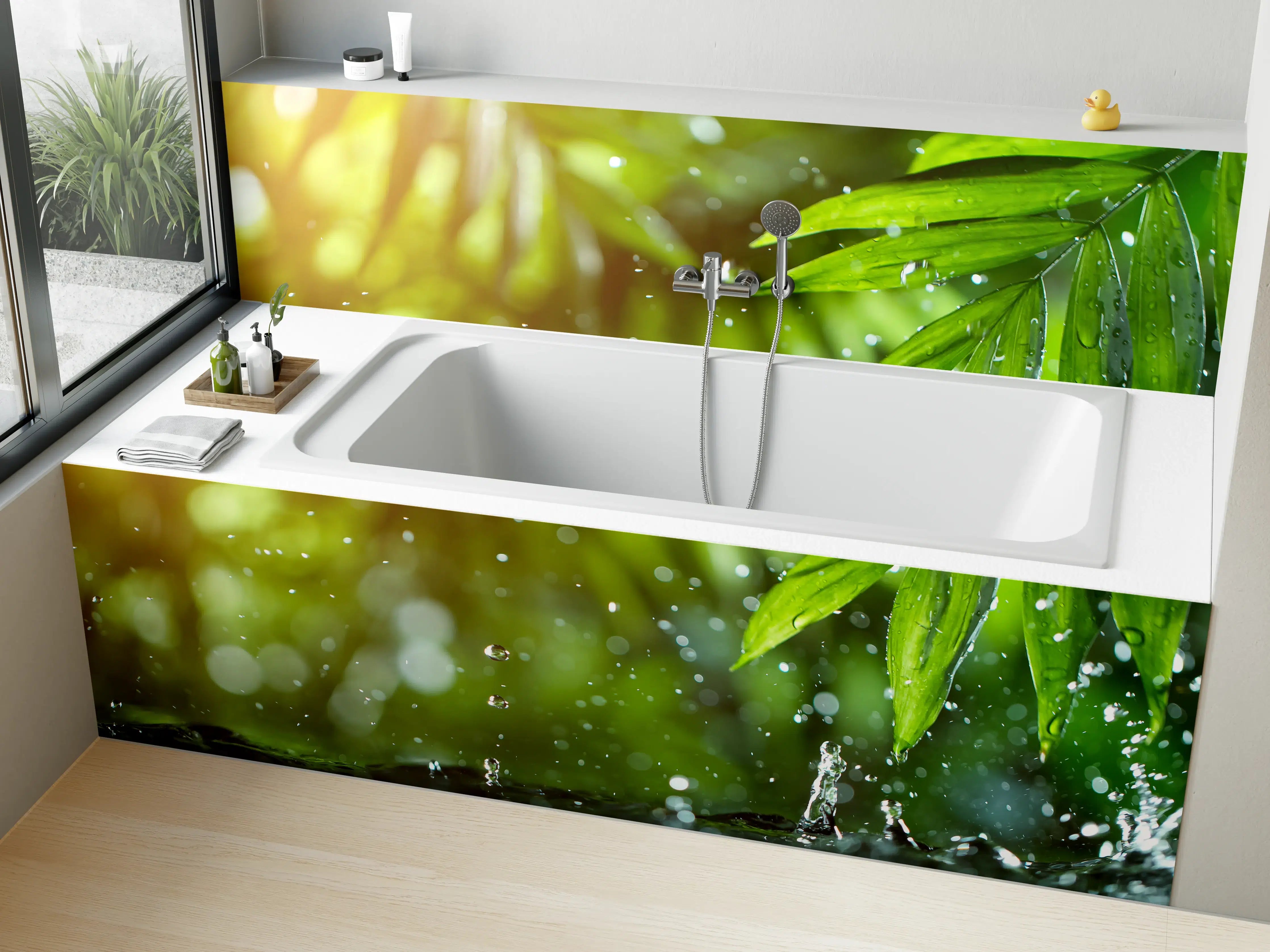 Badewannen-Rückwand - Frische Blätter mit Wassertropfen