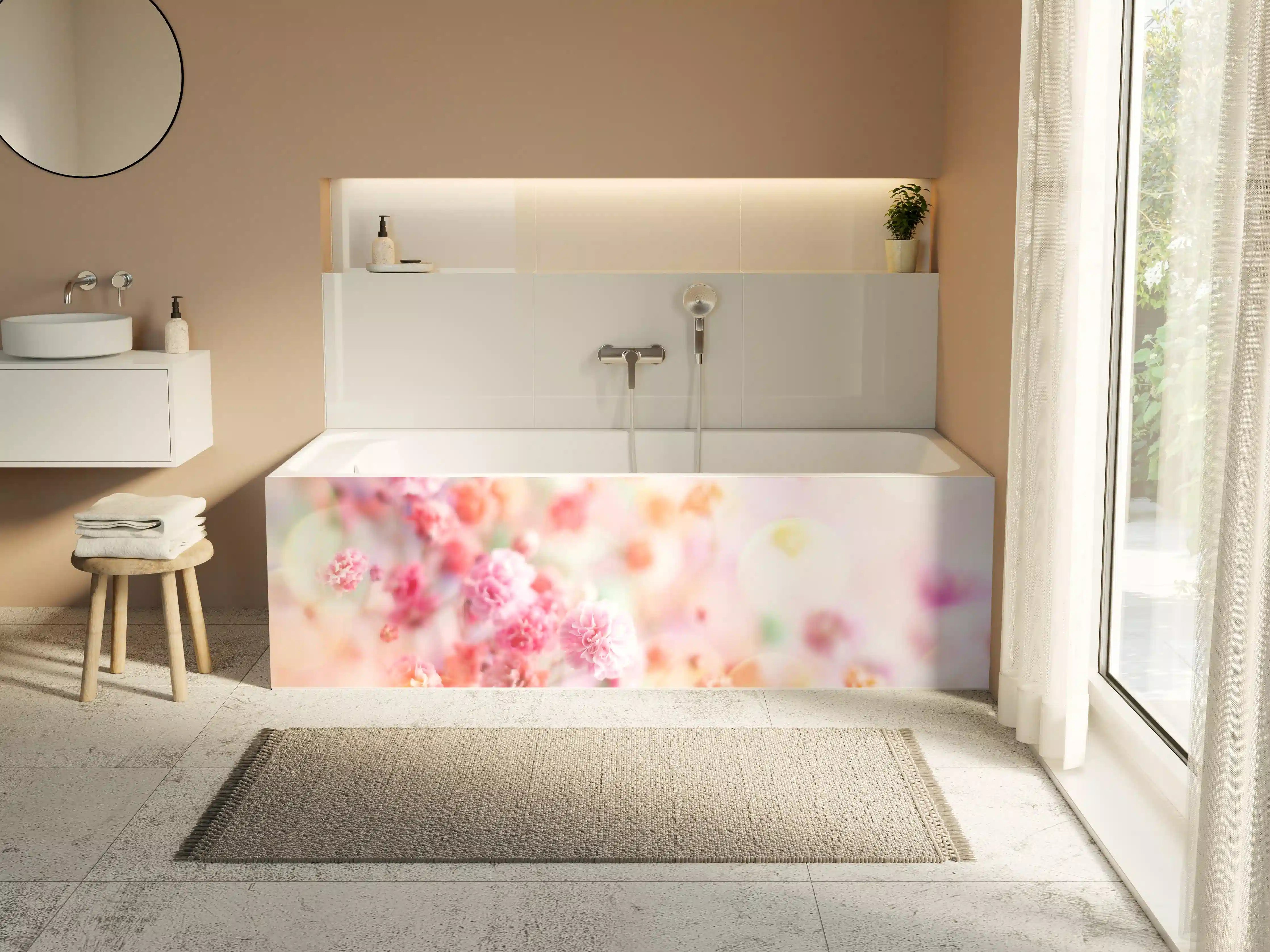 Badewannen-Rückwand - Frische rosa Frühlingsblumen