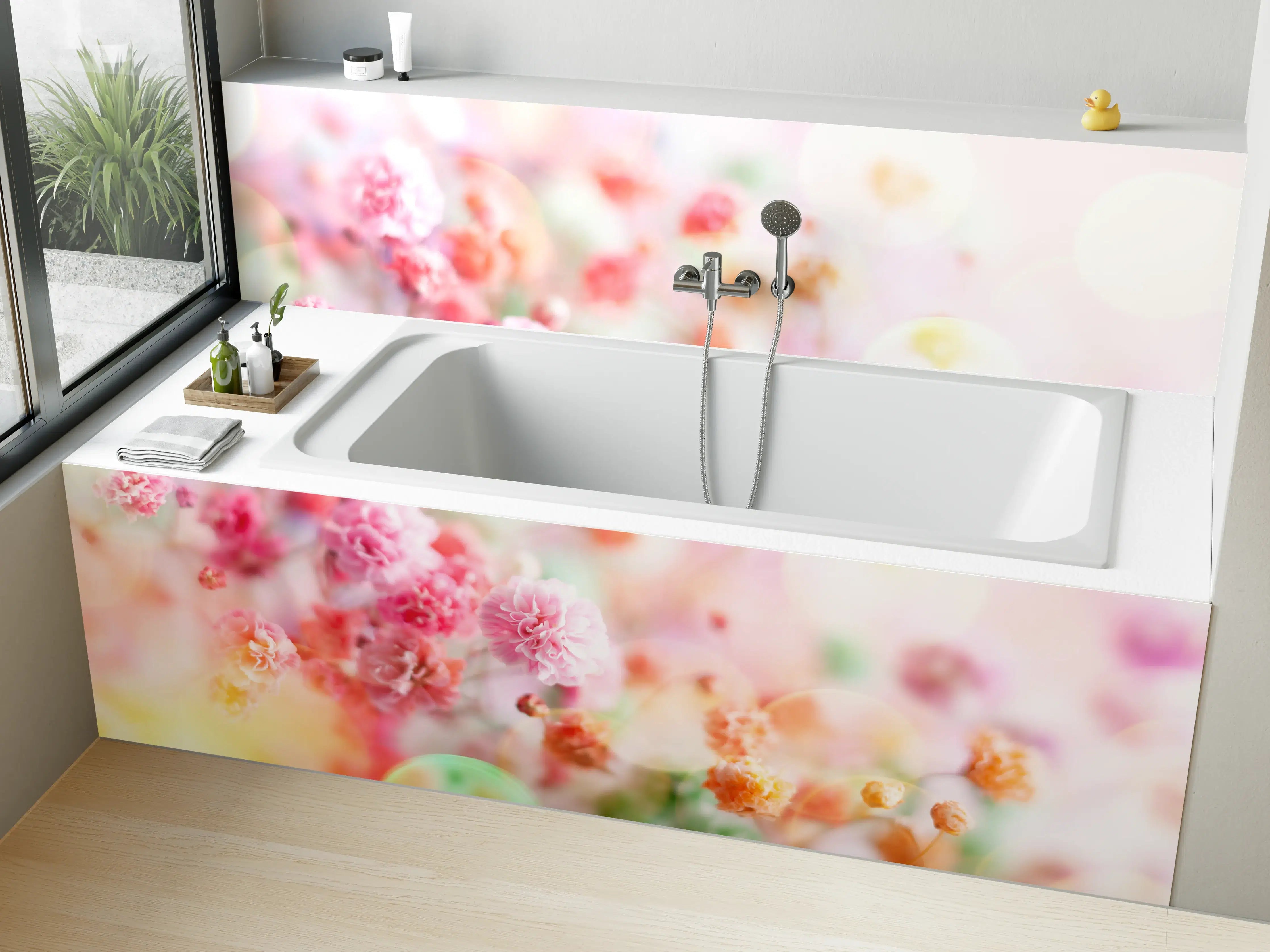 Badewannen-Rückwand - Frische rosa Frühlingsblumen