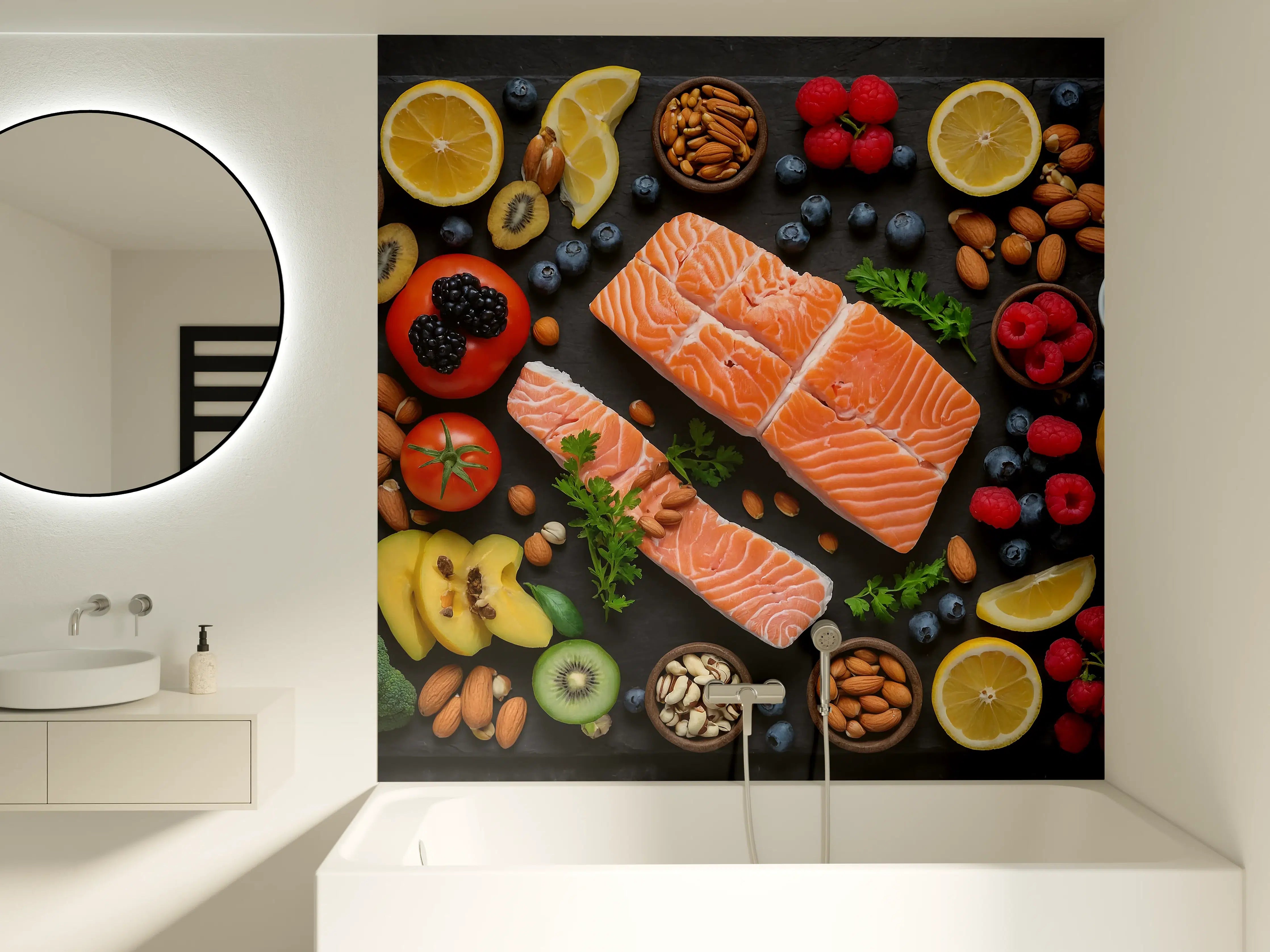 Badewannen-Rückwand - Frischer Lachs mit Beeren