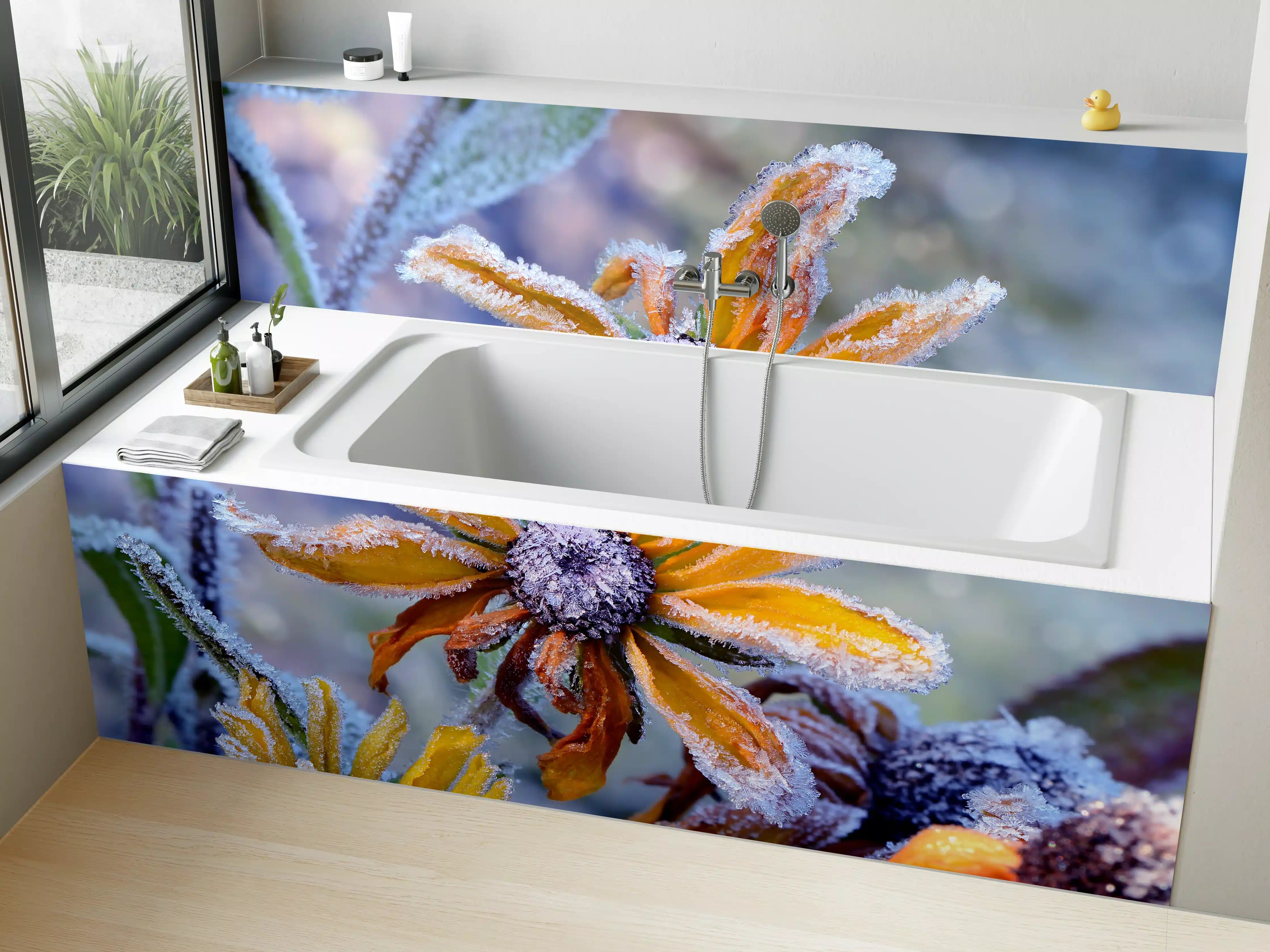 Badewannen-Rückwand - Frostige Blumen im Morgengrauen