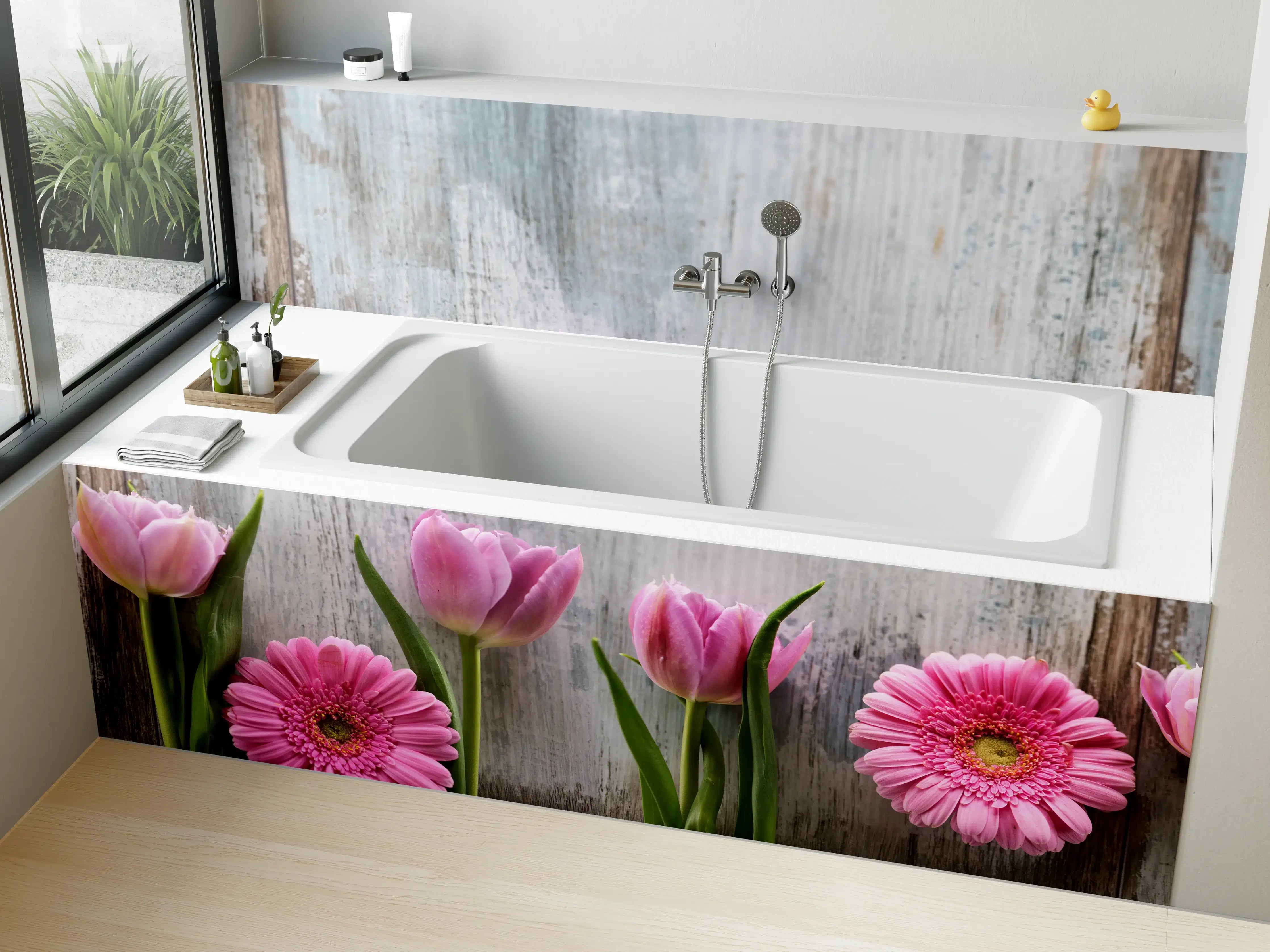 Badewannen-Rückwand - Frühlingsblumen auf schäbigem Holz