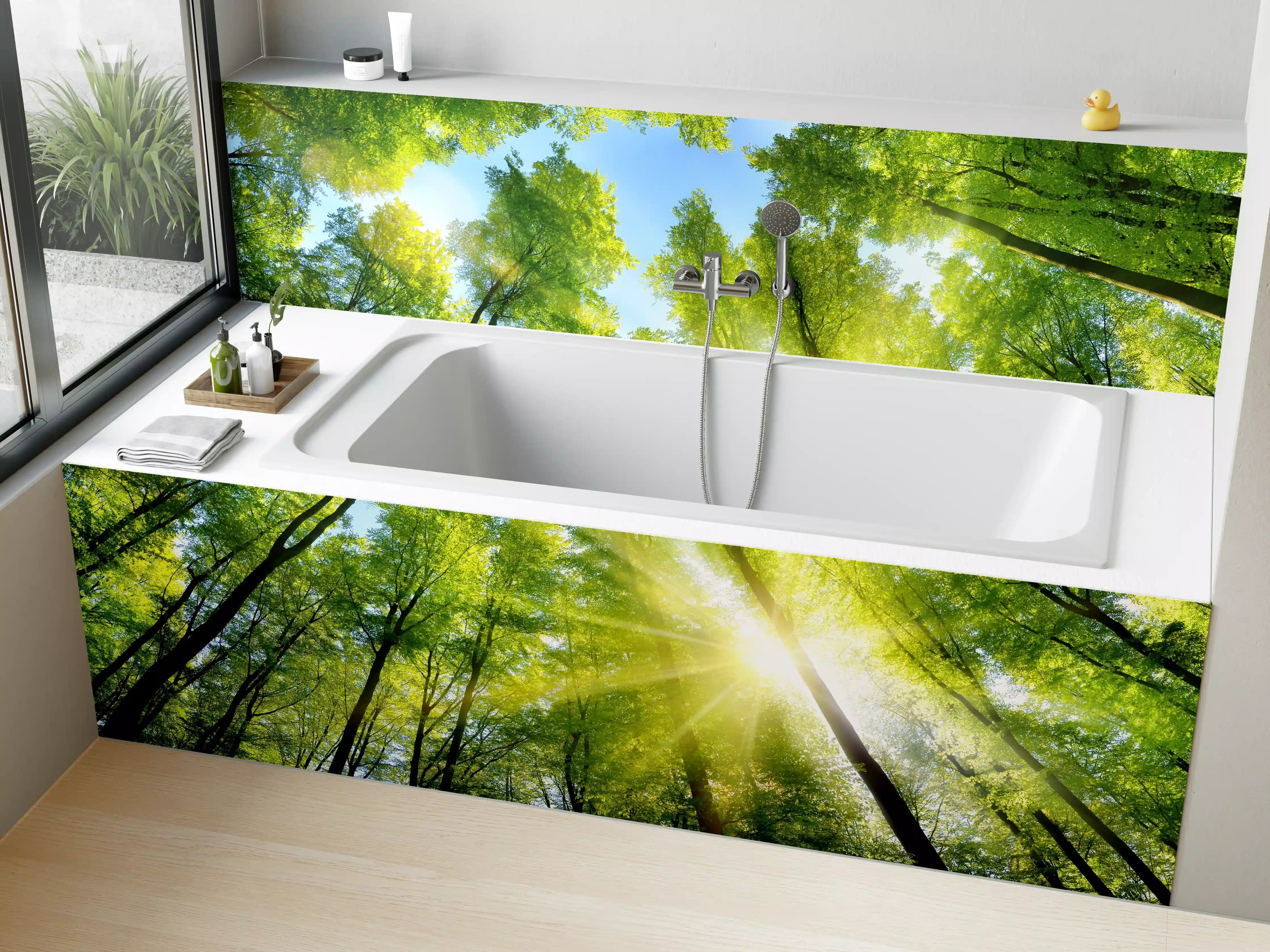Badewannen-Rückwand - Frühlingswälder mit Sonnenlicht