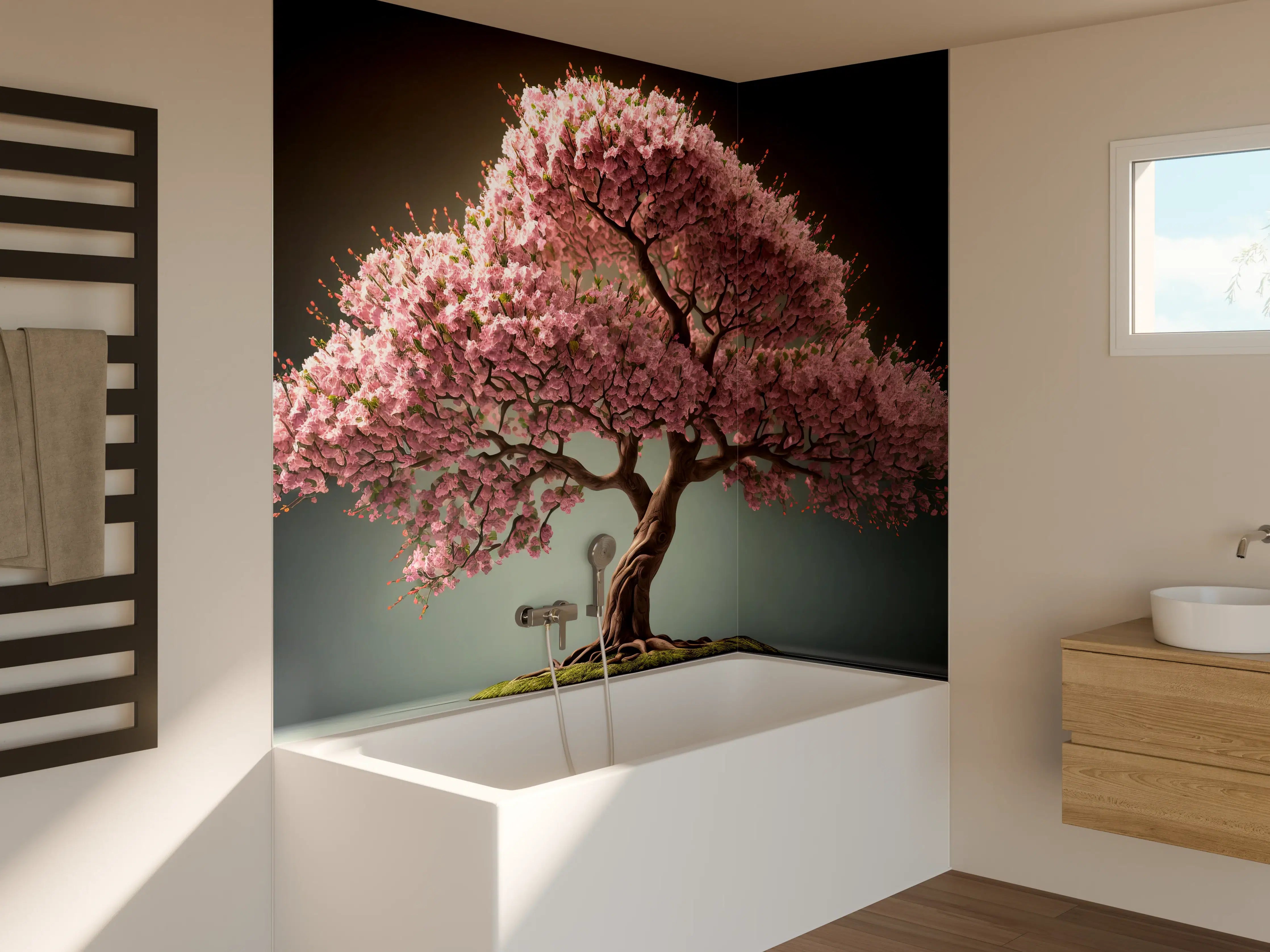 Badewannen-Rückwand - Frühlingszeit Kirschblüte Sakura Baum - KI generiert