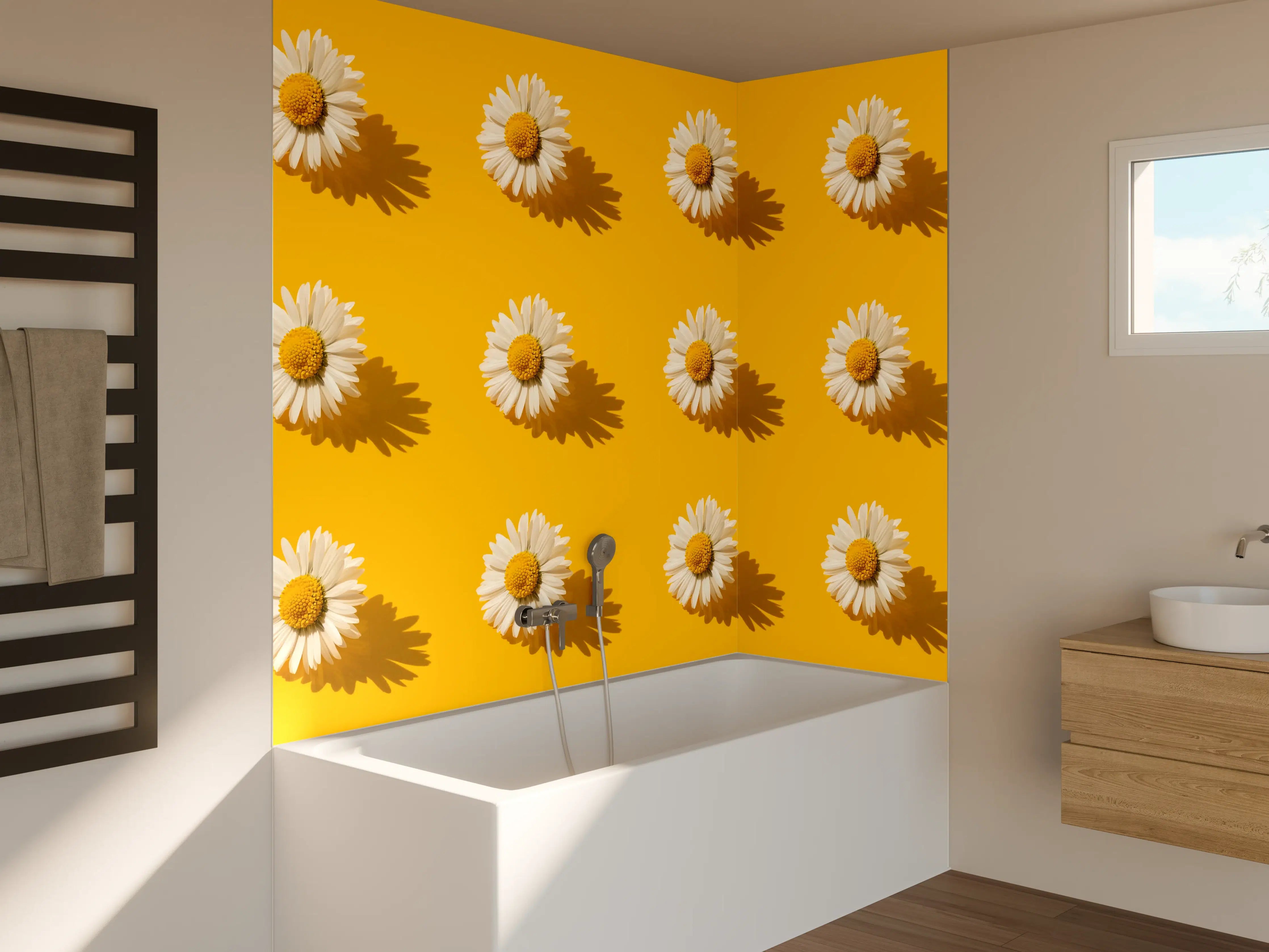 Badewannen-Rückwand - Gänseblümchen Muster auf gelbem Hintergrund