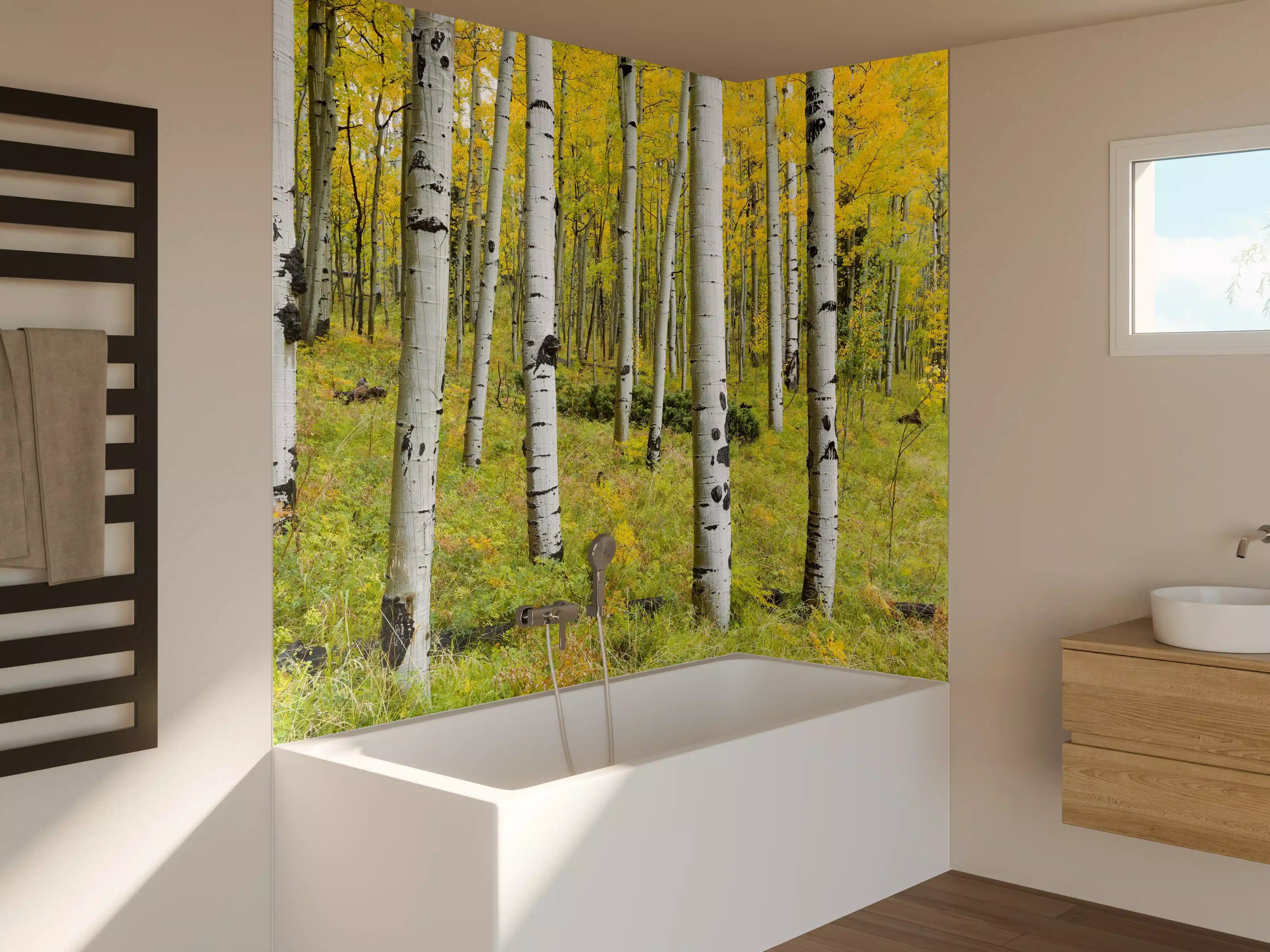 Badewannen-Rückwand - Gelb, grüner Birkenwald