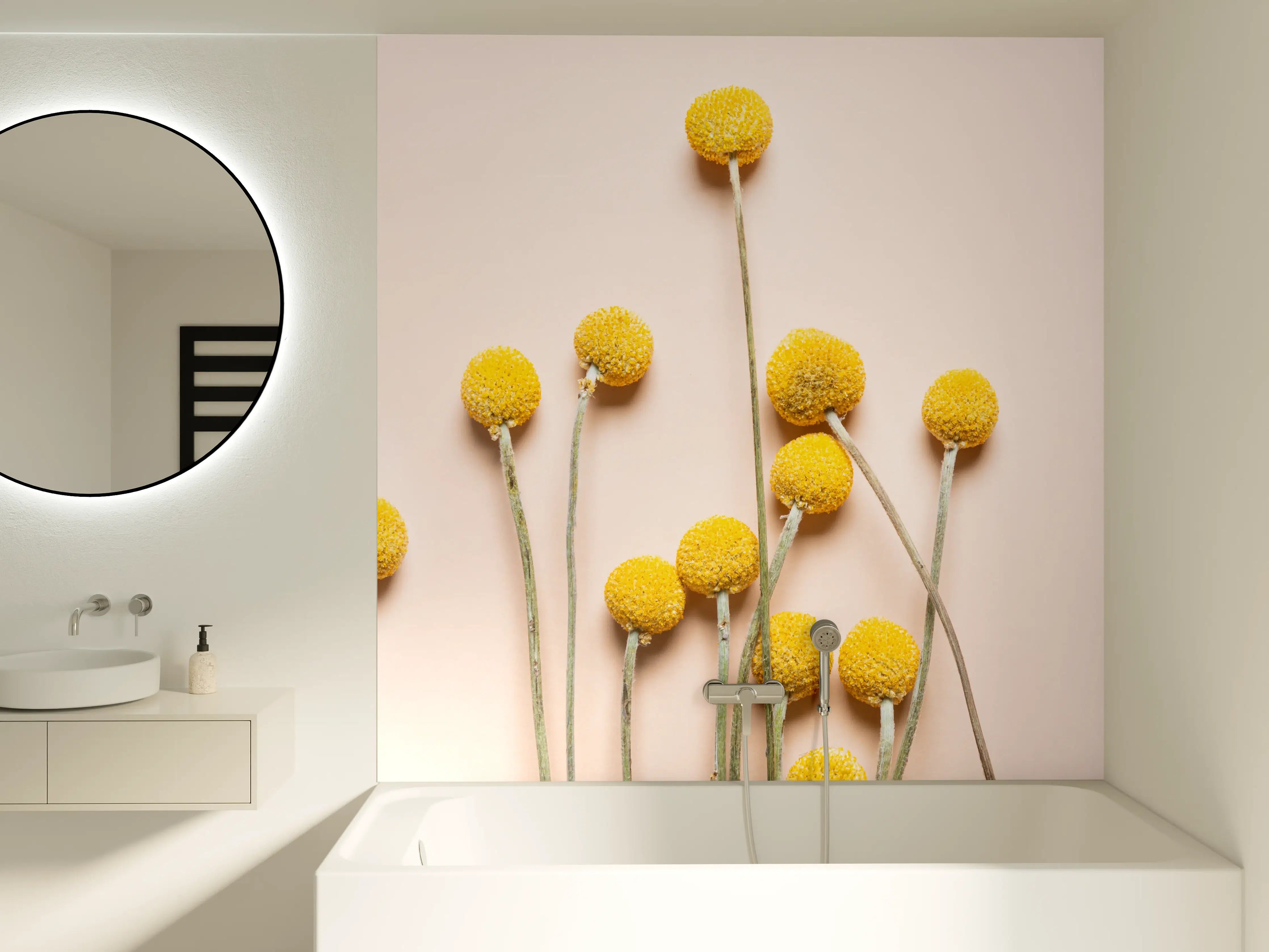 Badewannen-Rückwand - Gelbe Ballons und Blüten auf hellem Hintergrund