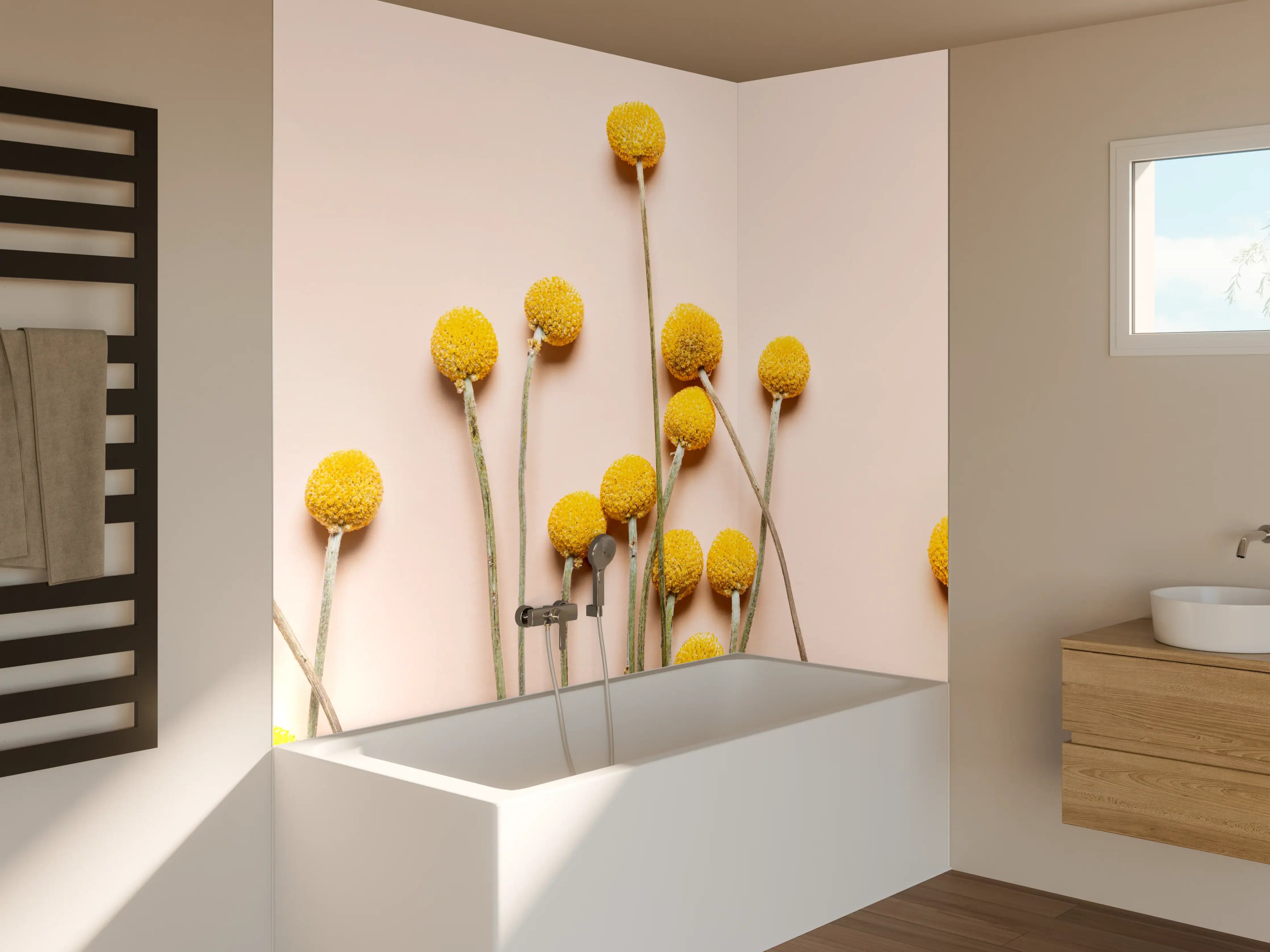 Badewannen-Rückwand - Gelbe Ballons und Blüten auf hellem Hintergrund