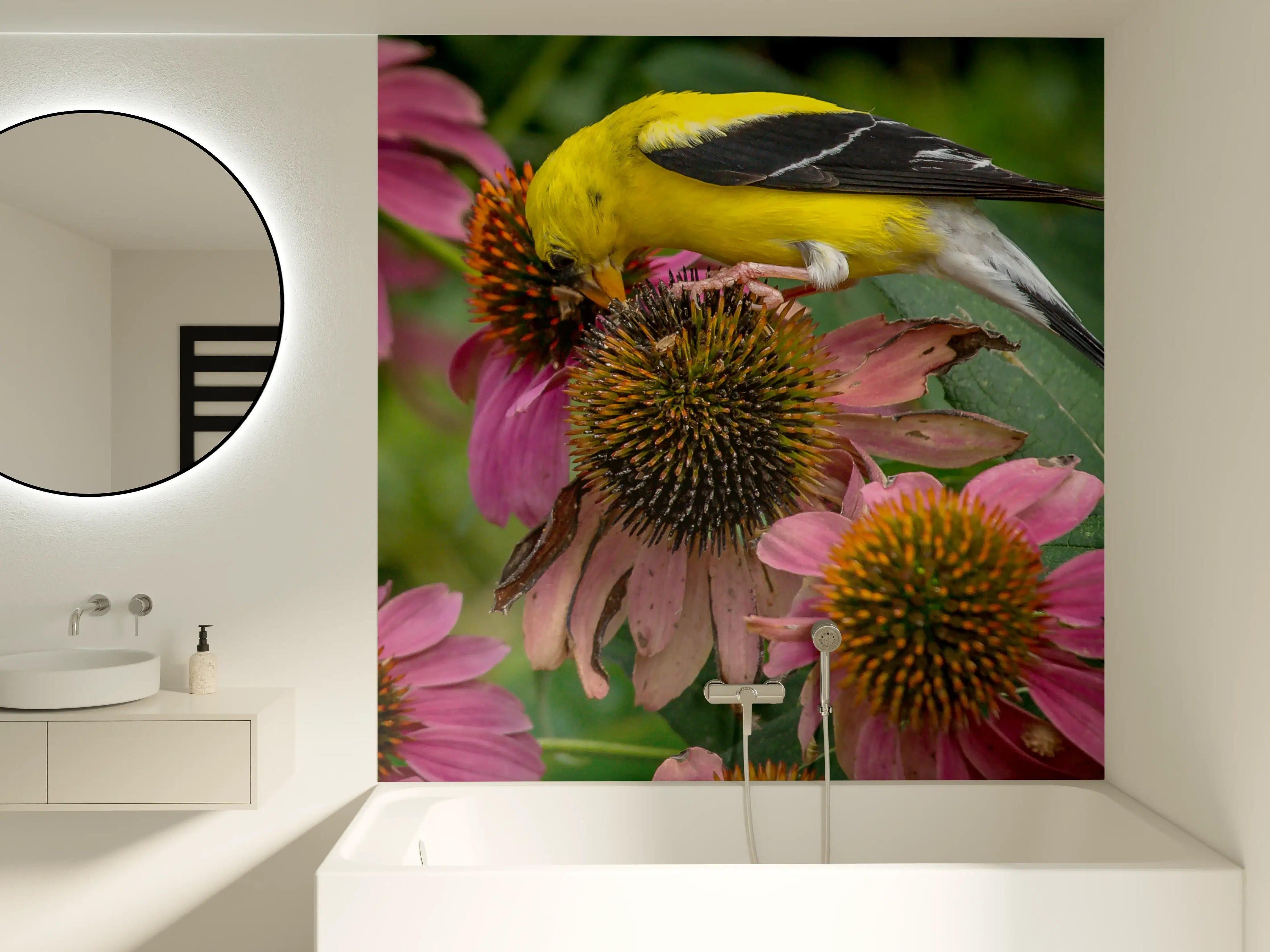 Badewannen-Rückwand - Gelber Vogel auf Pinken Blumen