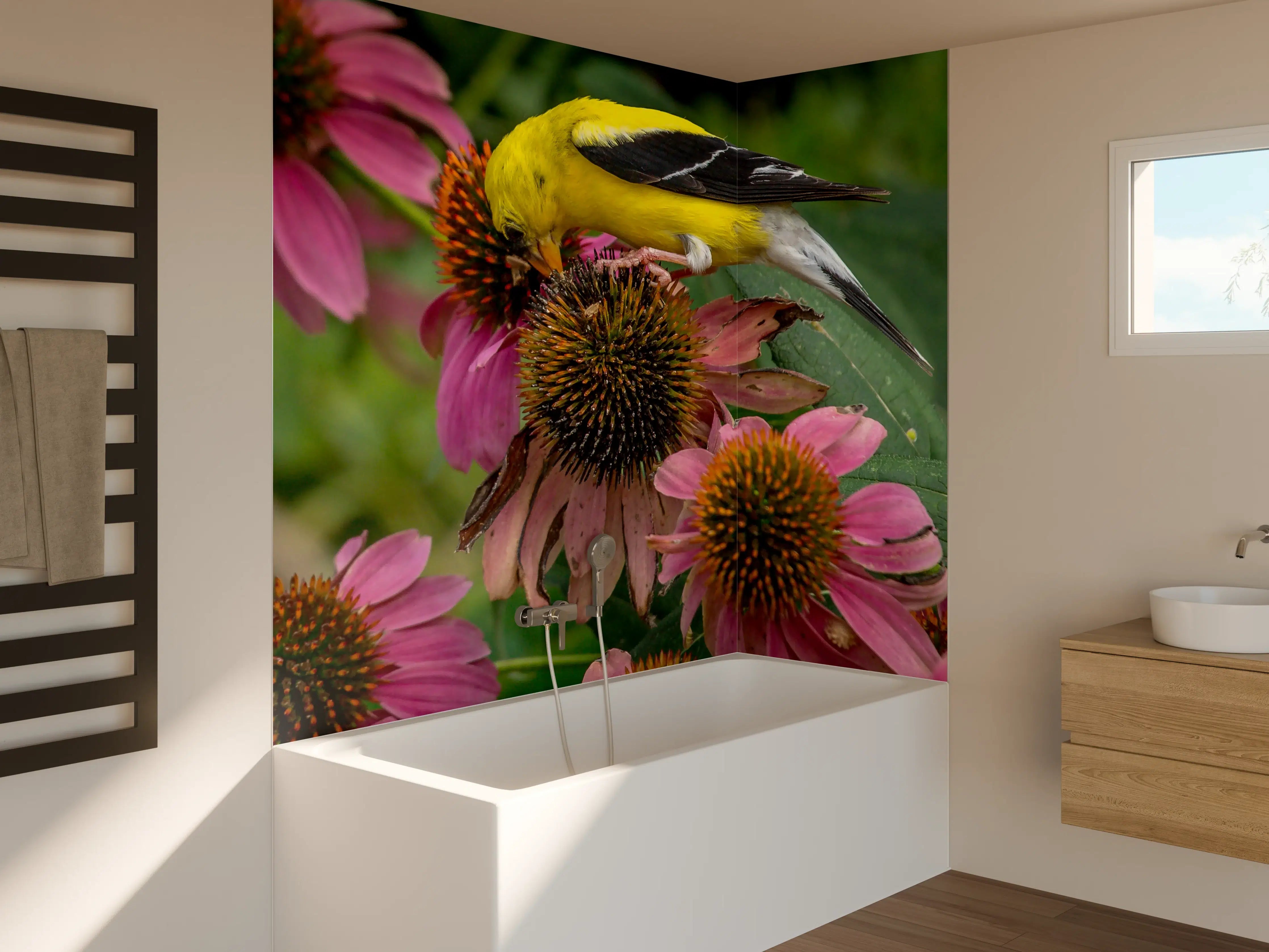 Badewannen-Rückwand - Gelber Vogel auf Pinken Blumen