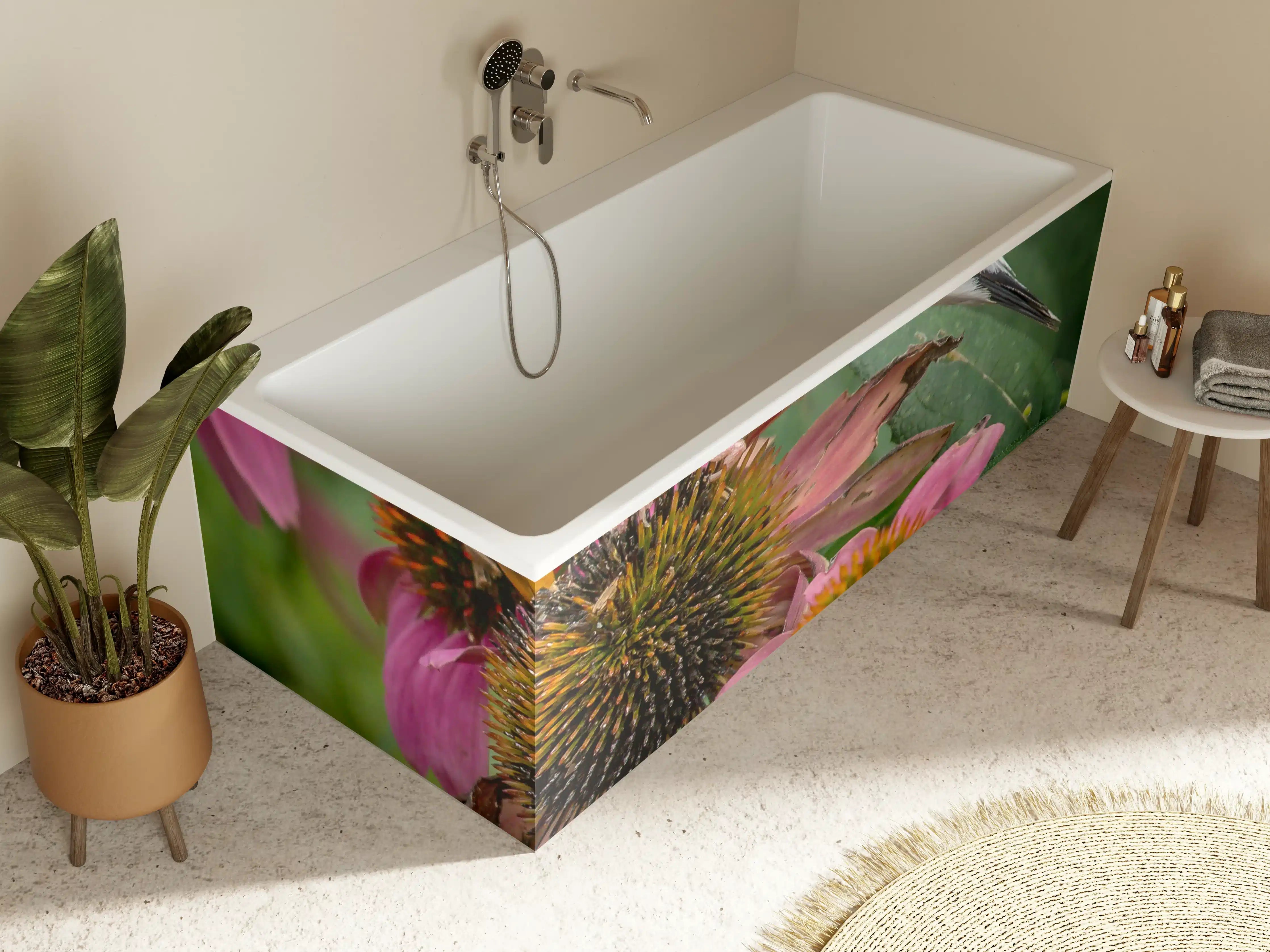 Badewannen-Rückwand - Gelber Vogel auf Pinken Blumen