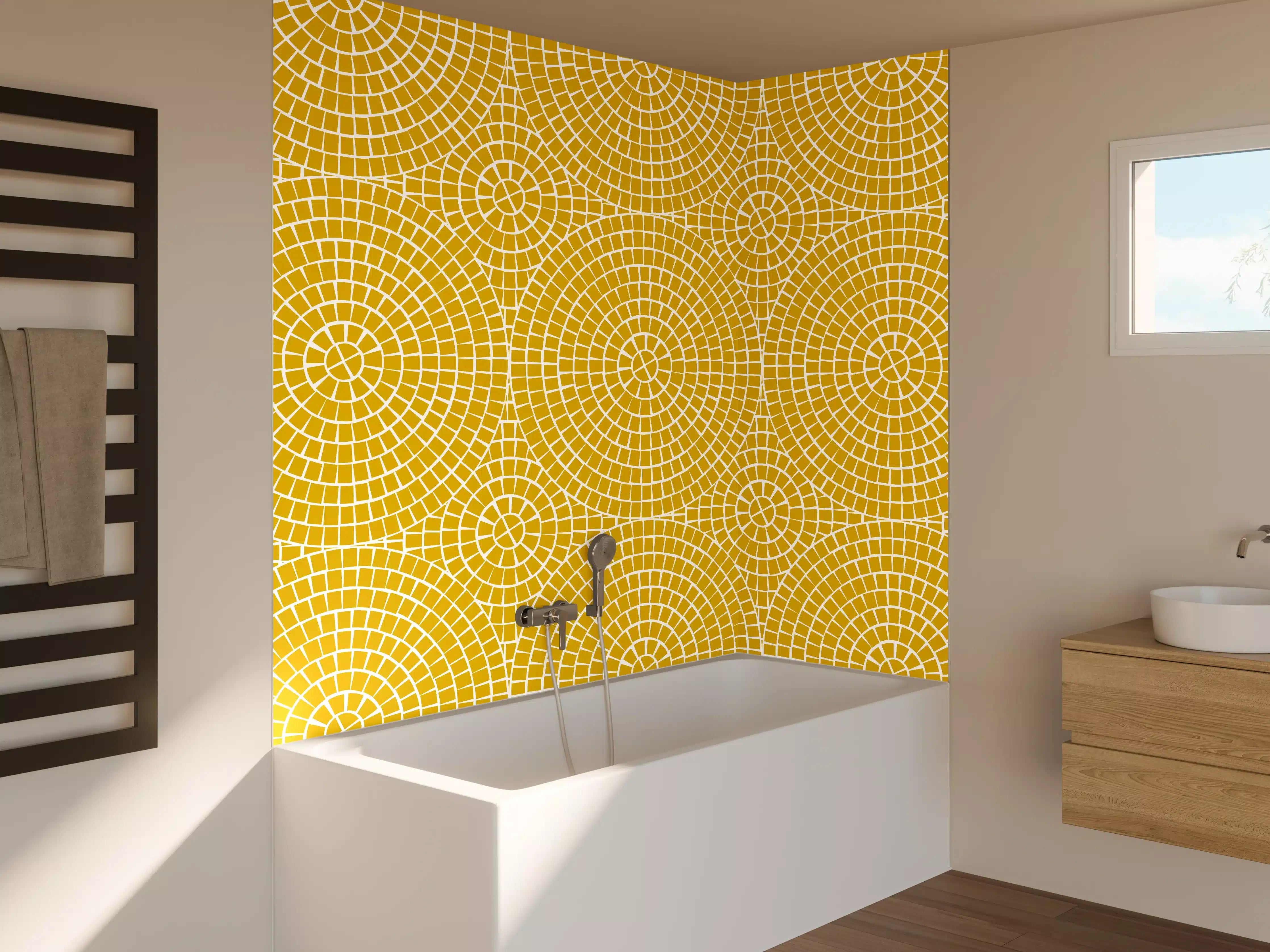 Badewannen-Rückwand - Gelbes geometrisches Muster mit Kreisen
