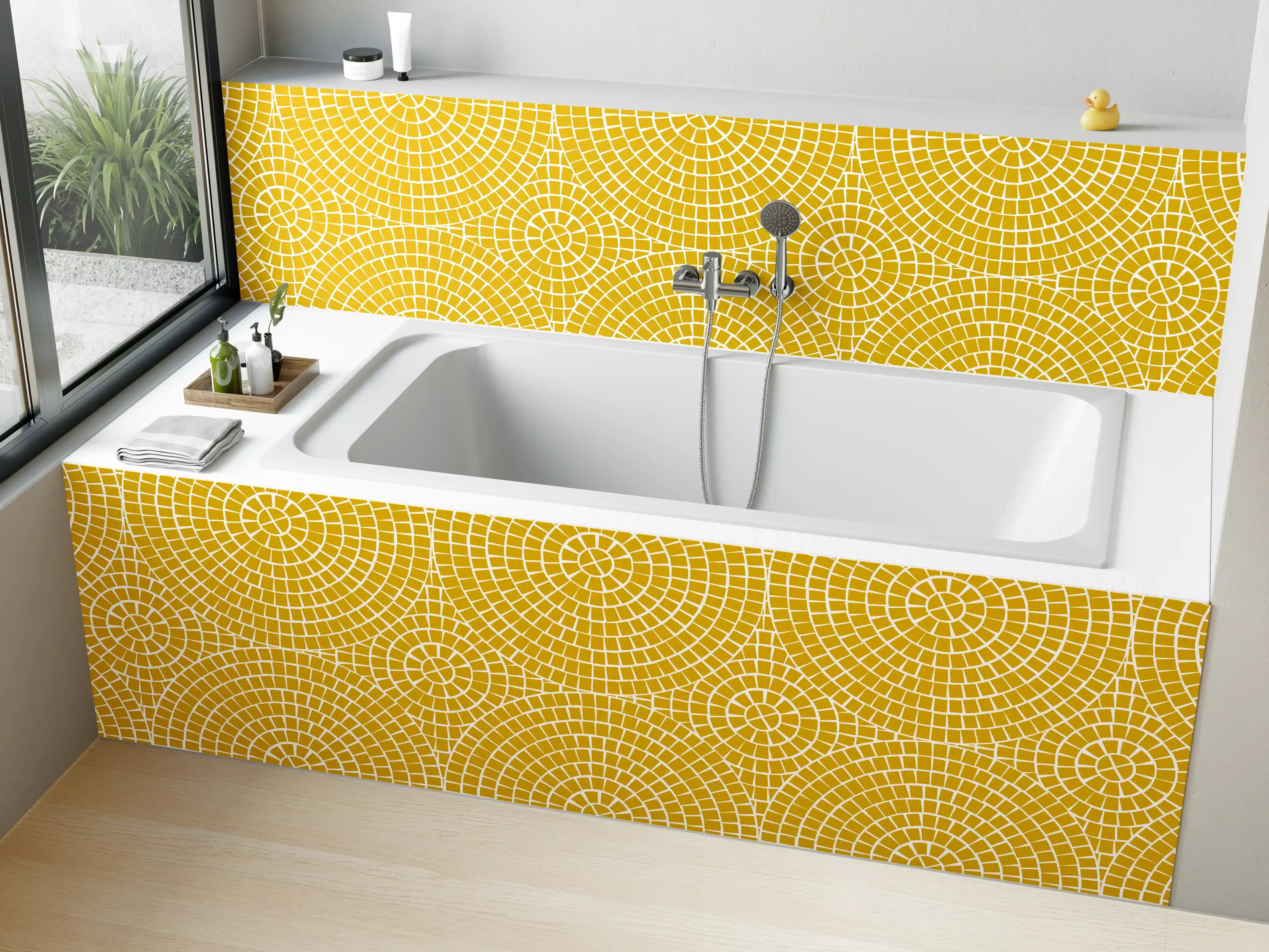 Badewannen-Rückwand - Gelbes geometrisches Muster mit Kreisen