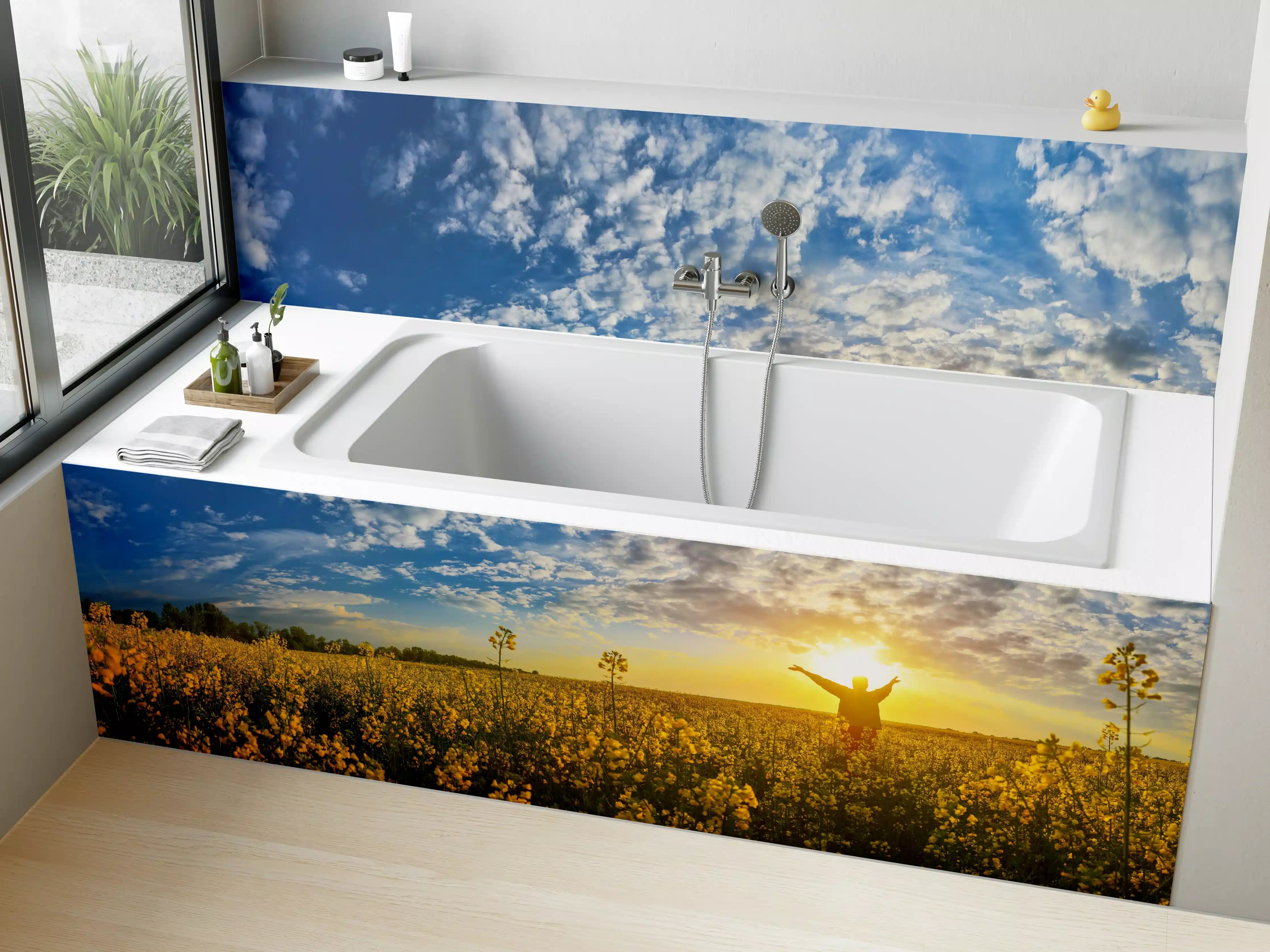 Badewannen-Rückwand - Gelbliches Blumenfeld am Morgen