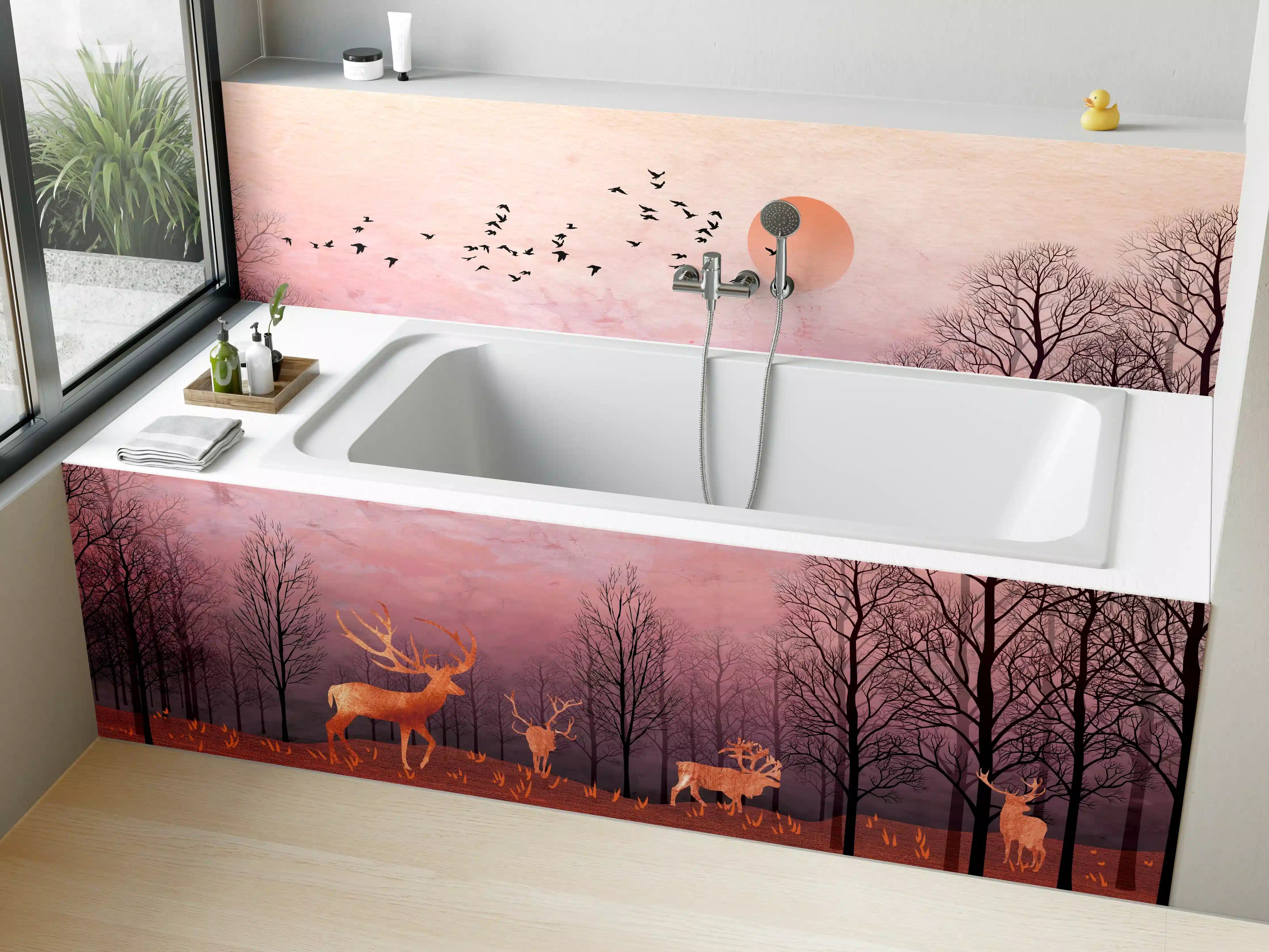 Badewannen-Rückwand - Gemalte Landschaft mit Wildtieren