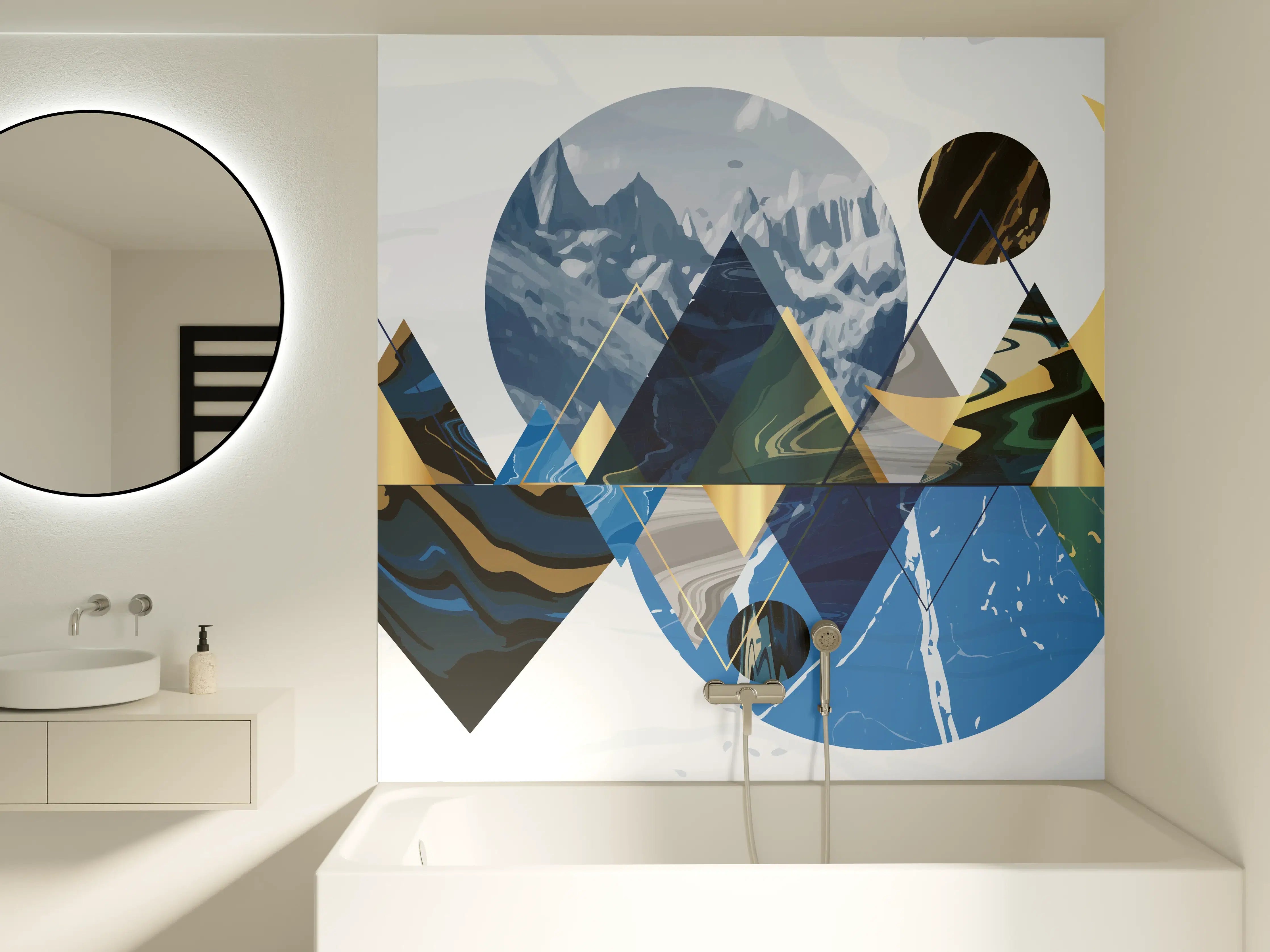 Badewannen-Rückwand - Geometrische Berglandschaft in Blau