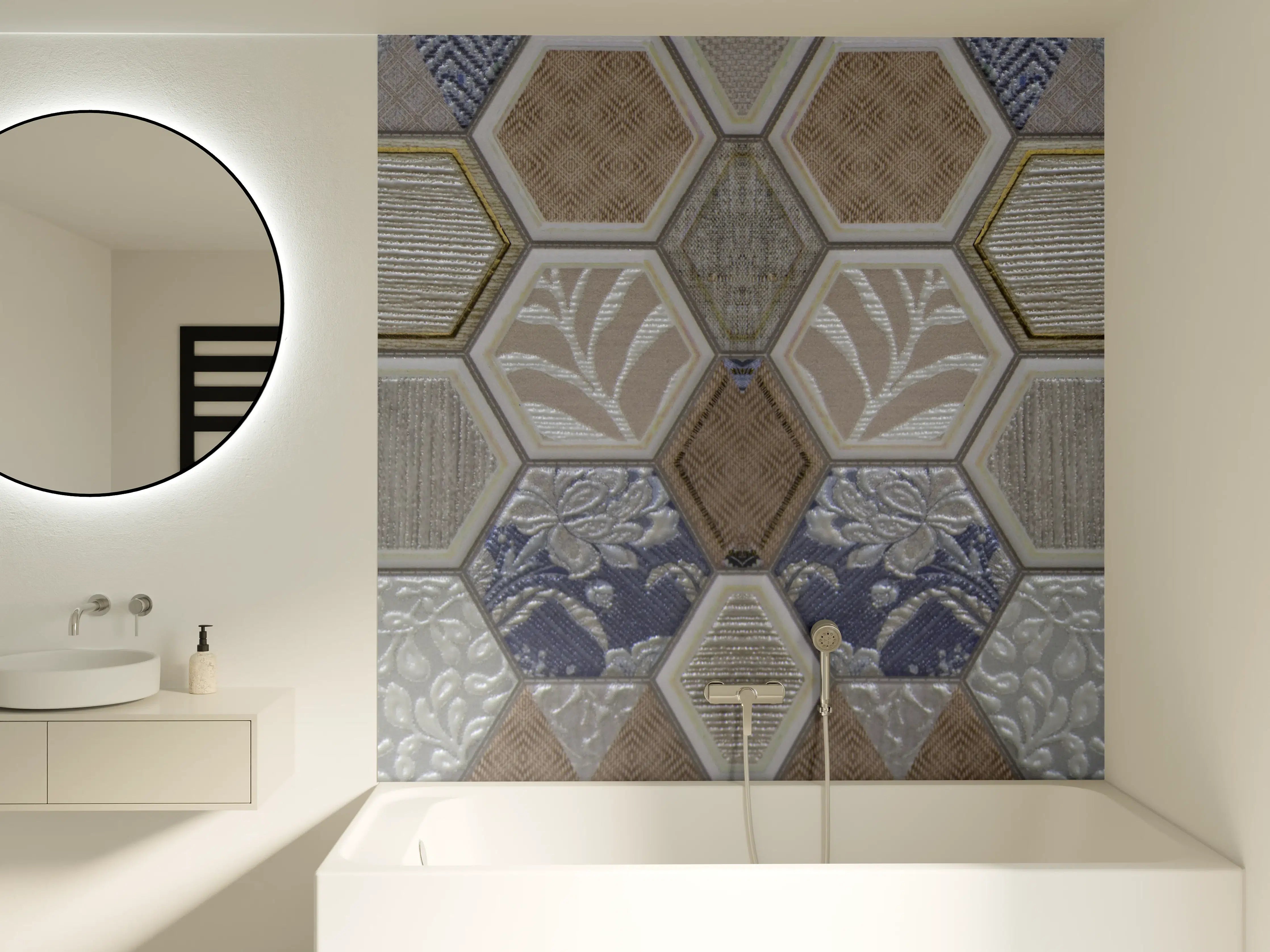 Badewannen-Rückwand - Geometrische Blau-Beige Fliesen