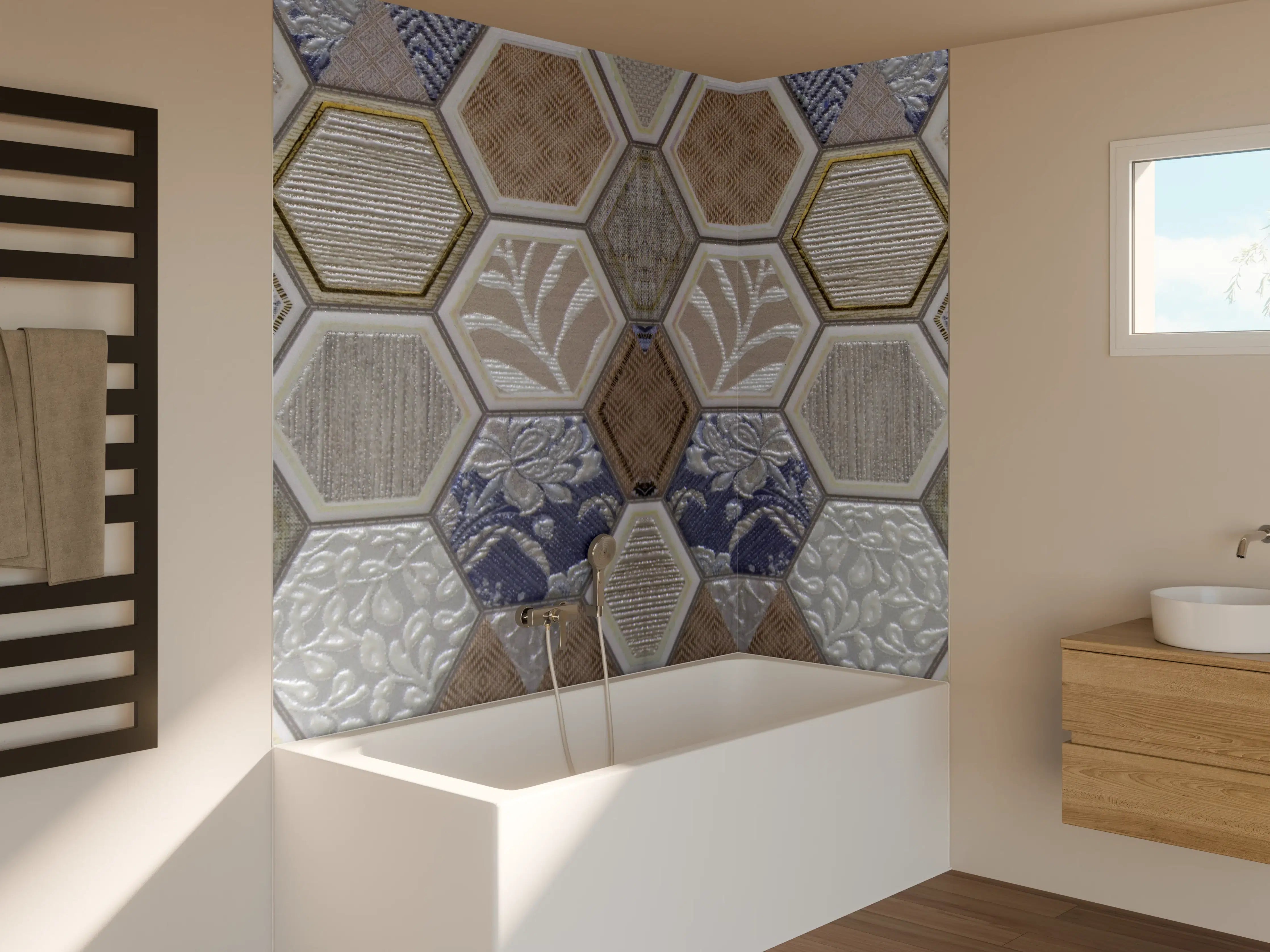 Badewannen-Rückwand - Geometrische Blau-Beige Fliesen