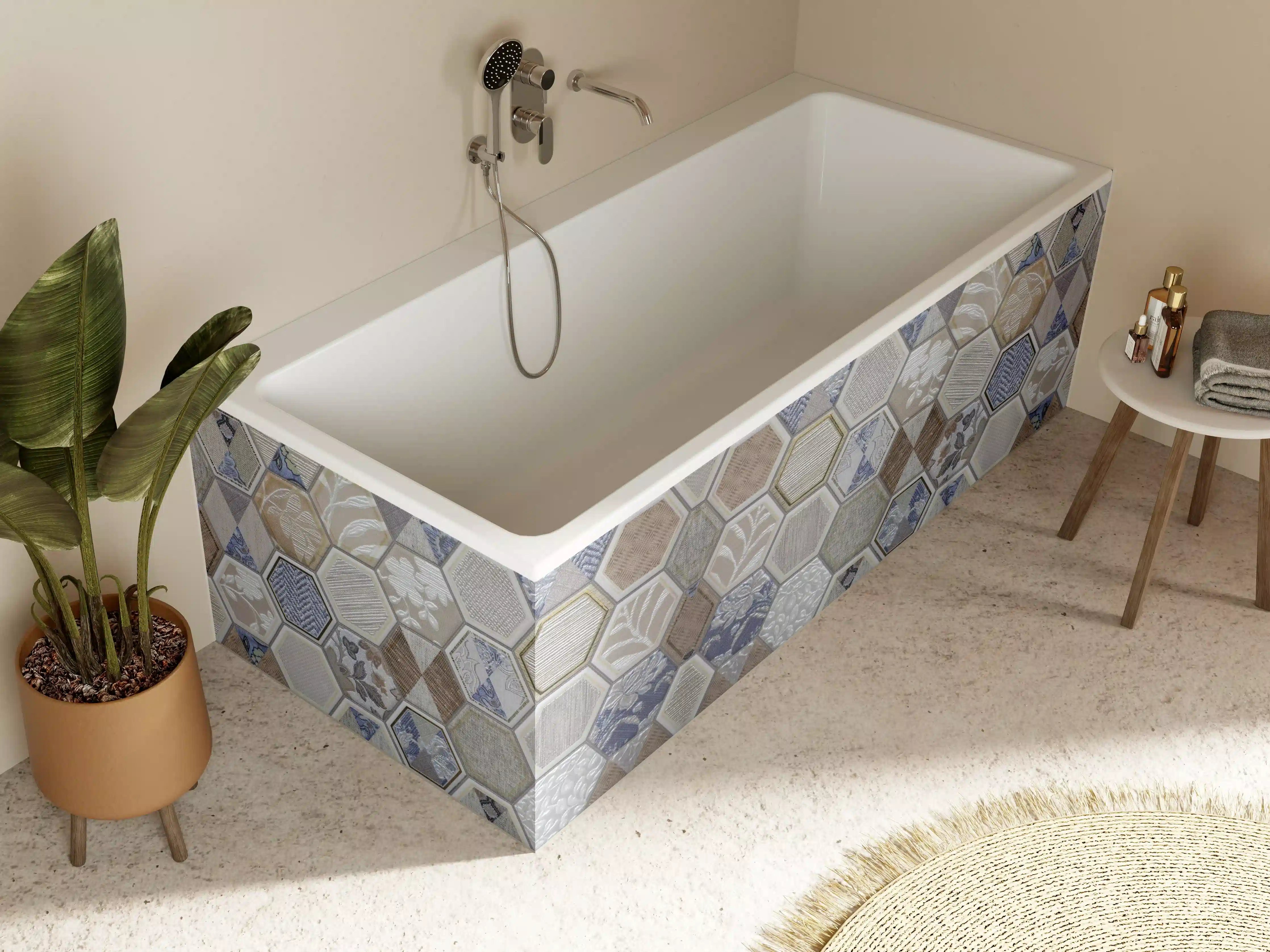 Badewannen-Rückwand - Geometrische Blau-Beige Fliesen