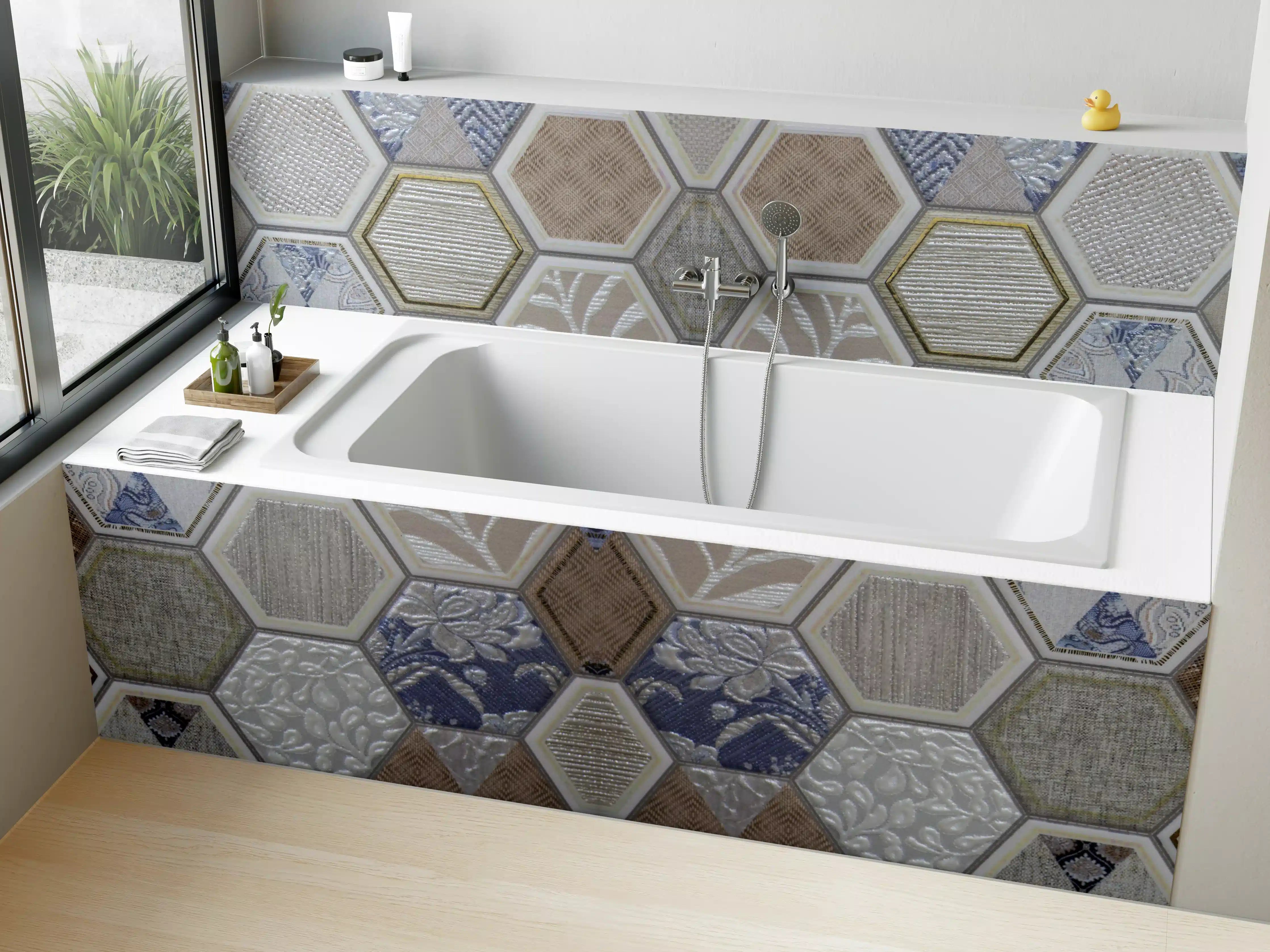 Badewannen-Rückwand - Geometrische Blau-Beige Fliesen