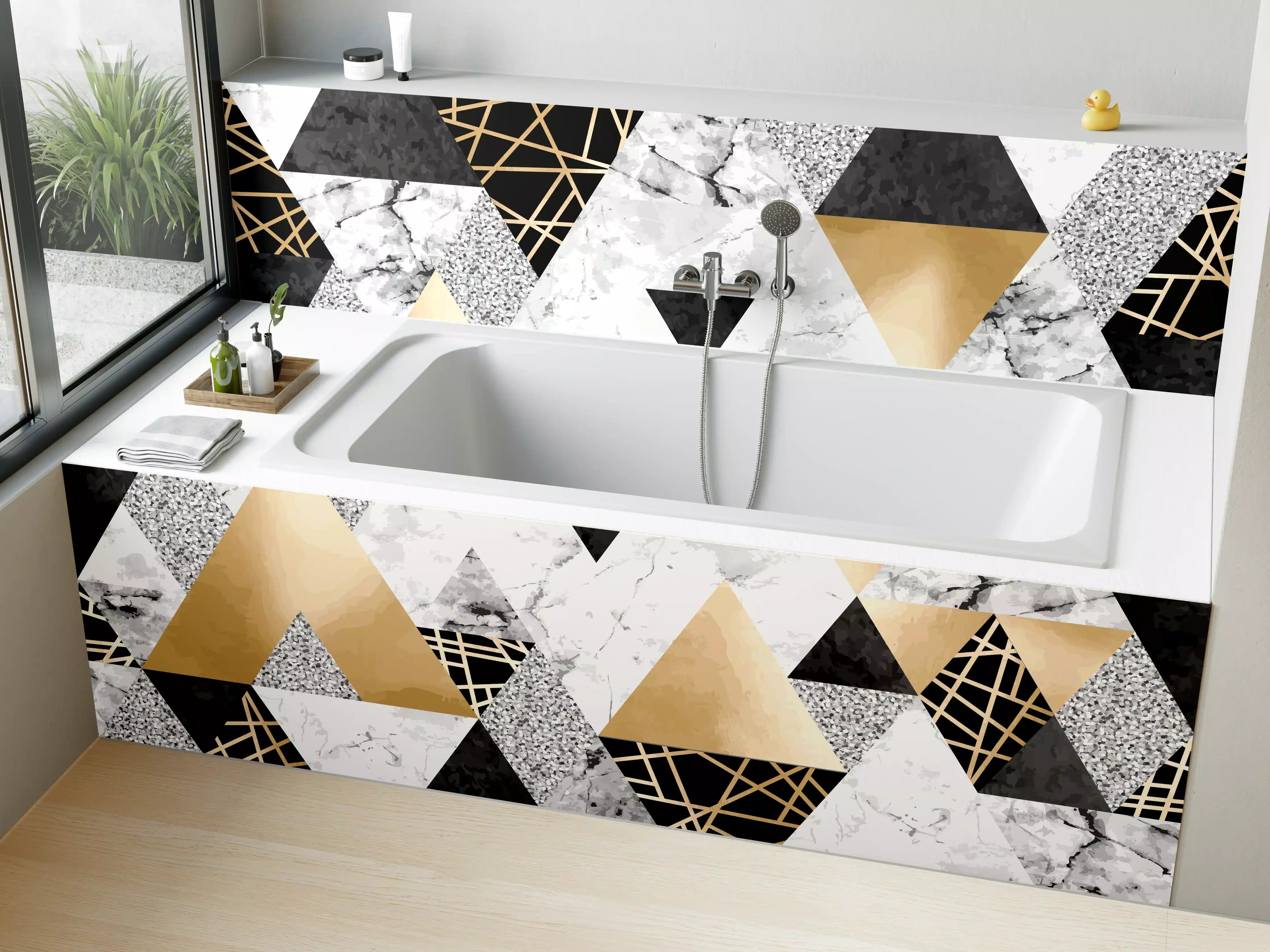Badewannen-Rückwand - Geometrische Gold-Schwarz-Weiß-Muster