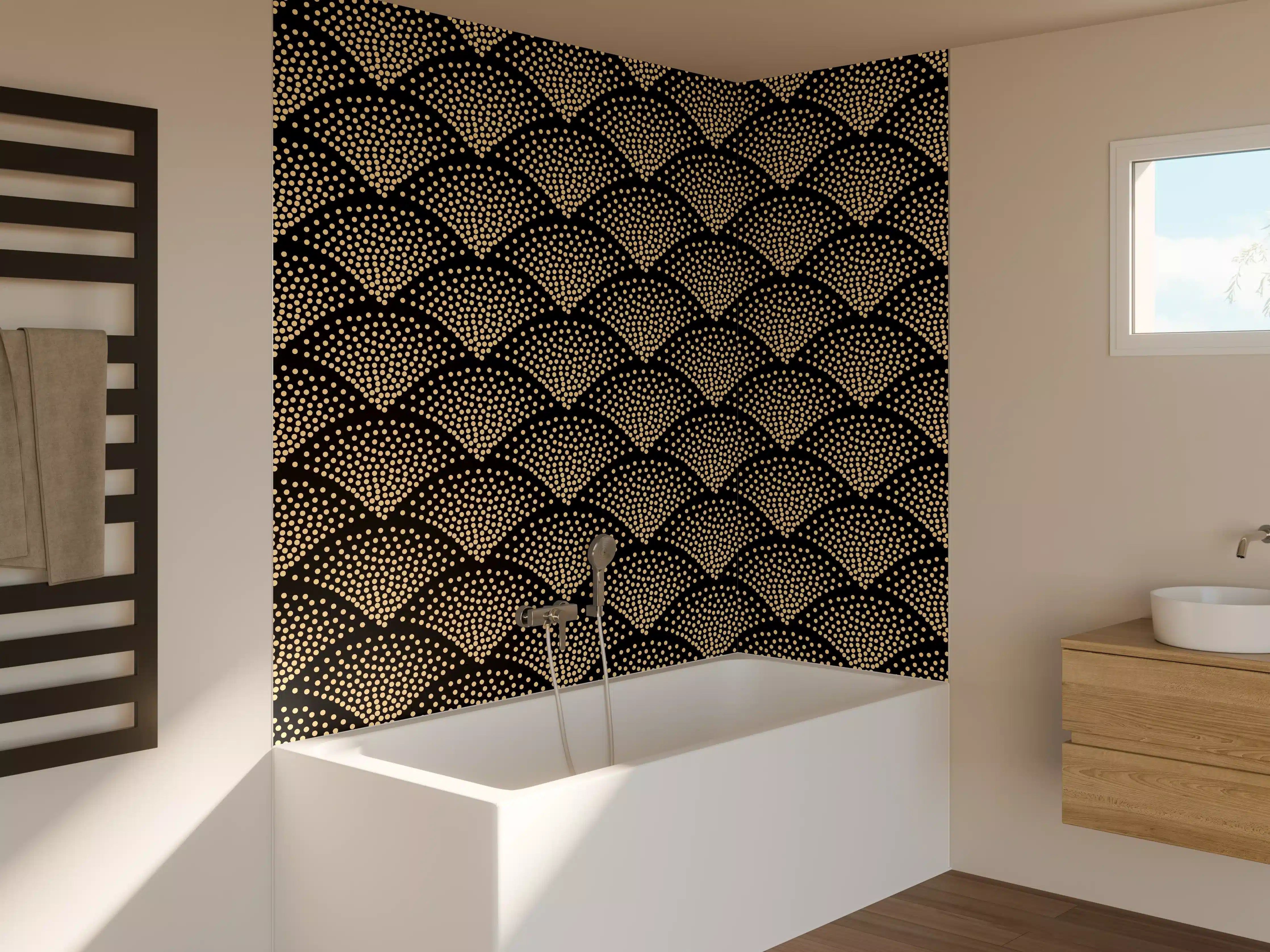 Badewannen-Rückwand - Geometrische Schwarz-Gold-Musterung