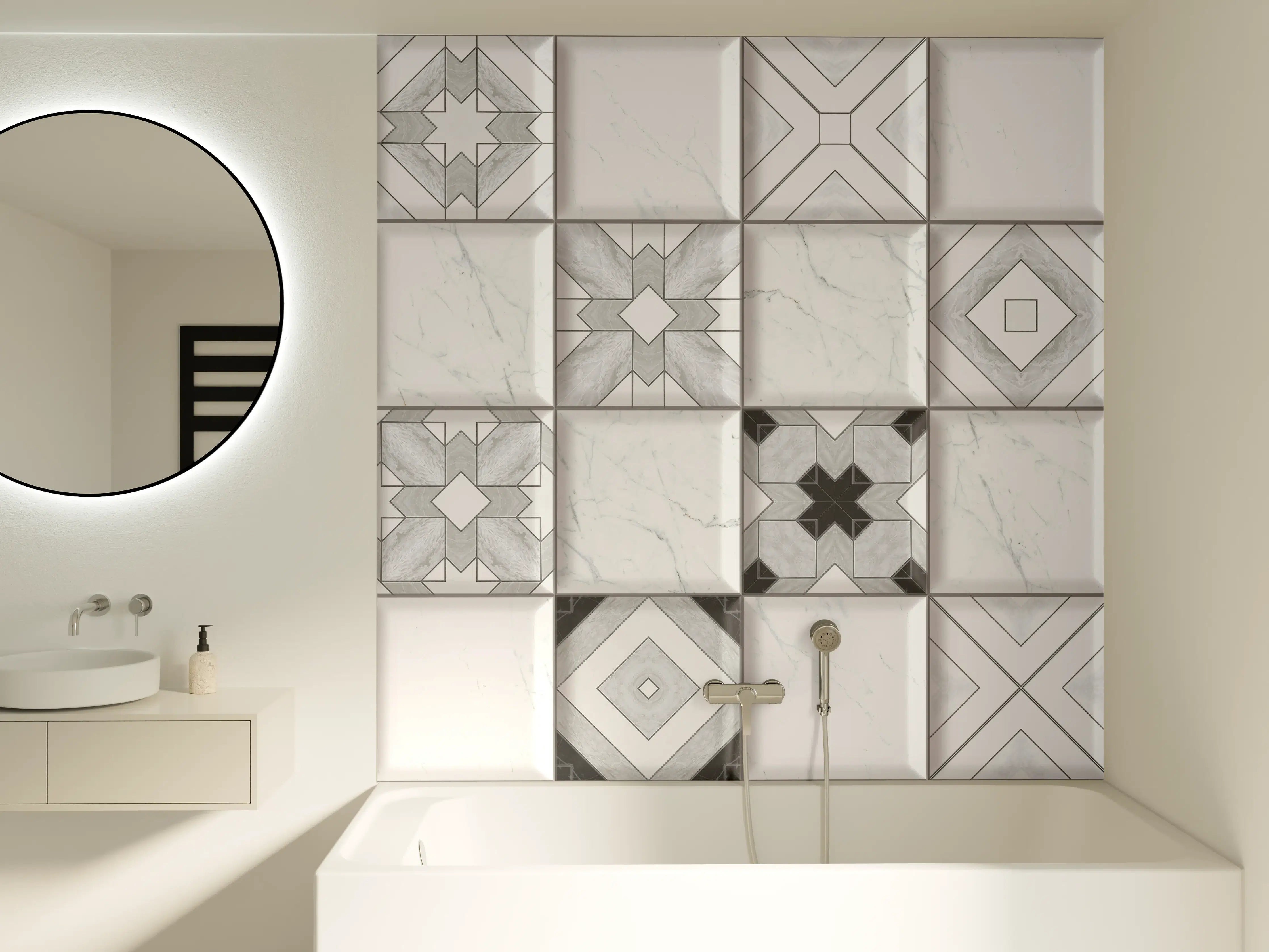 Badewannen-Rückwand - Geometrische Weiß-Grau Wandfliesen