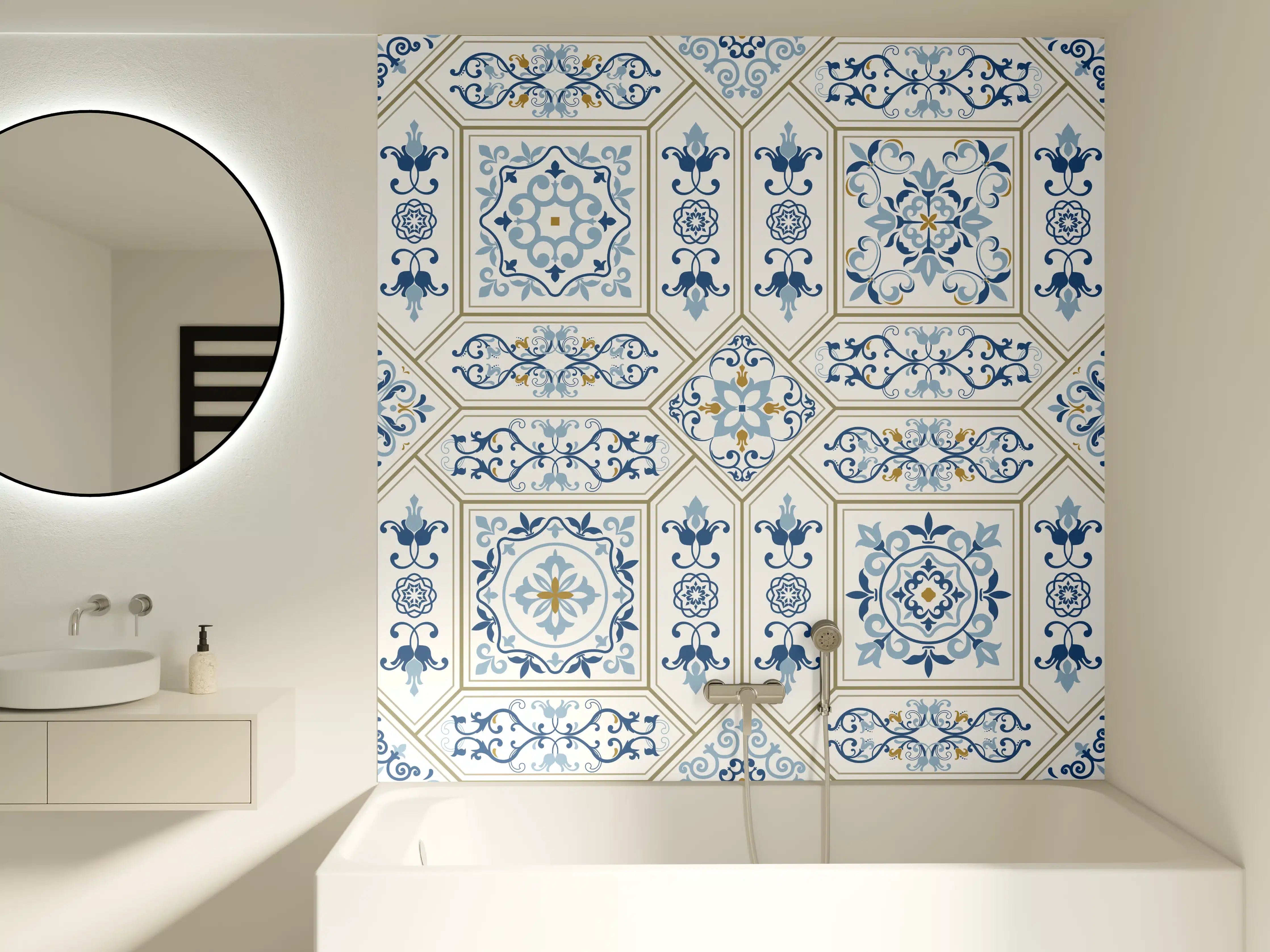 Badewannen-Rückwand - Geometrisches Blau-Weiß-Muster