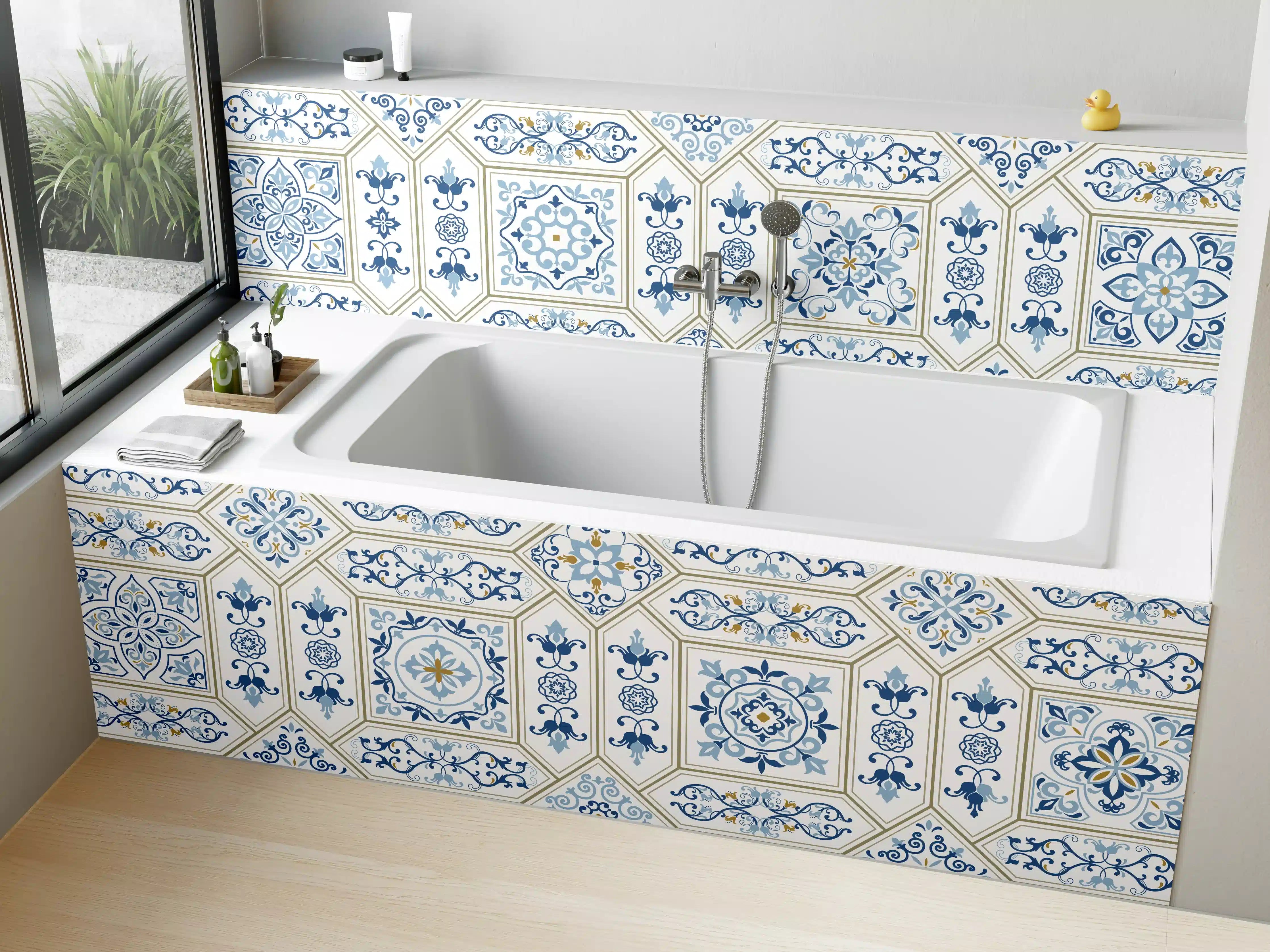 Badewannen-Rückwand - Geometrisches Blau-Weiß-Muster