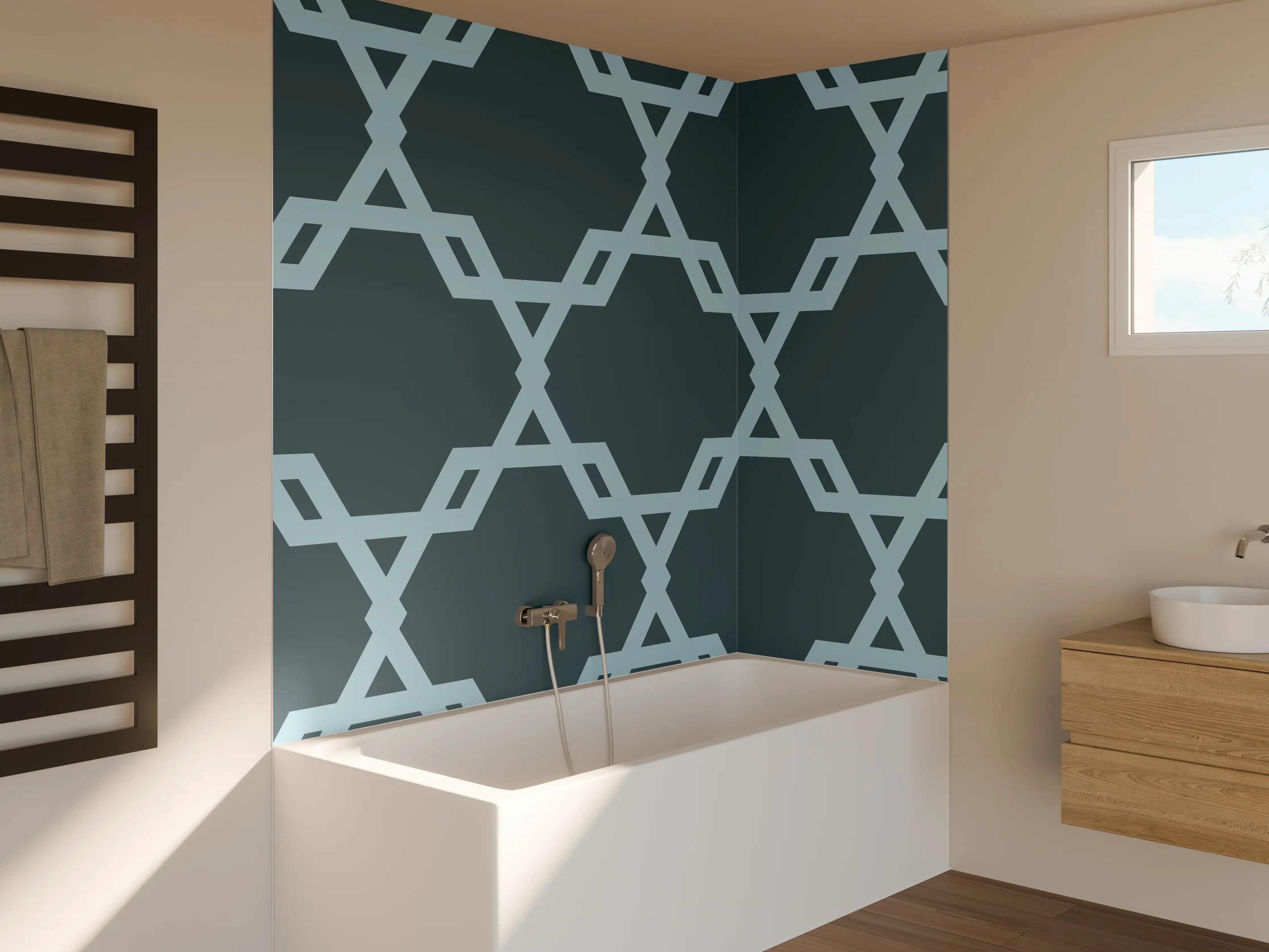Badewannen-Rückwand - Geometrisches Blaugrau Muster