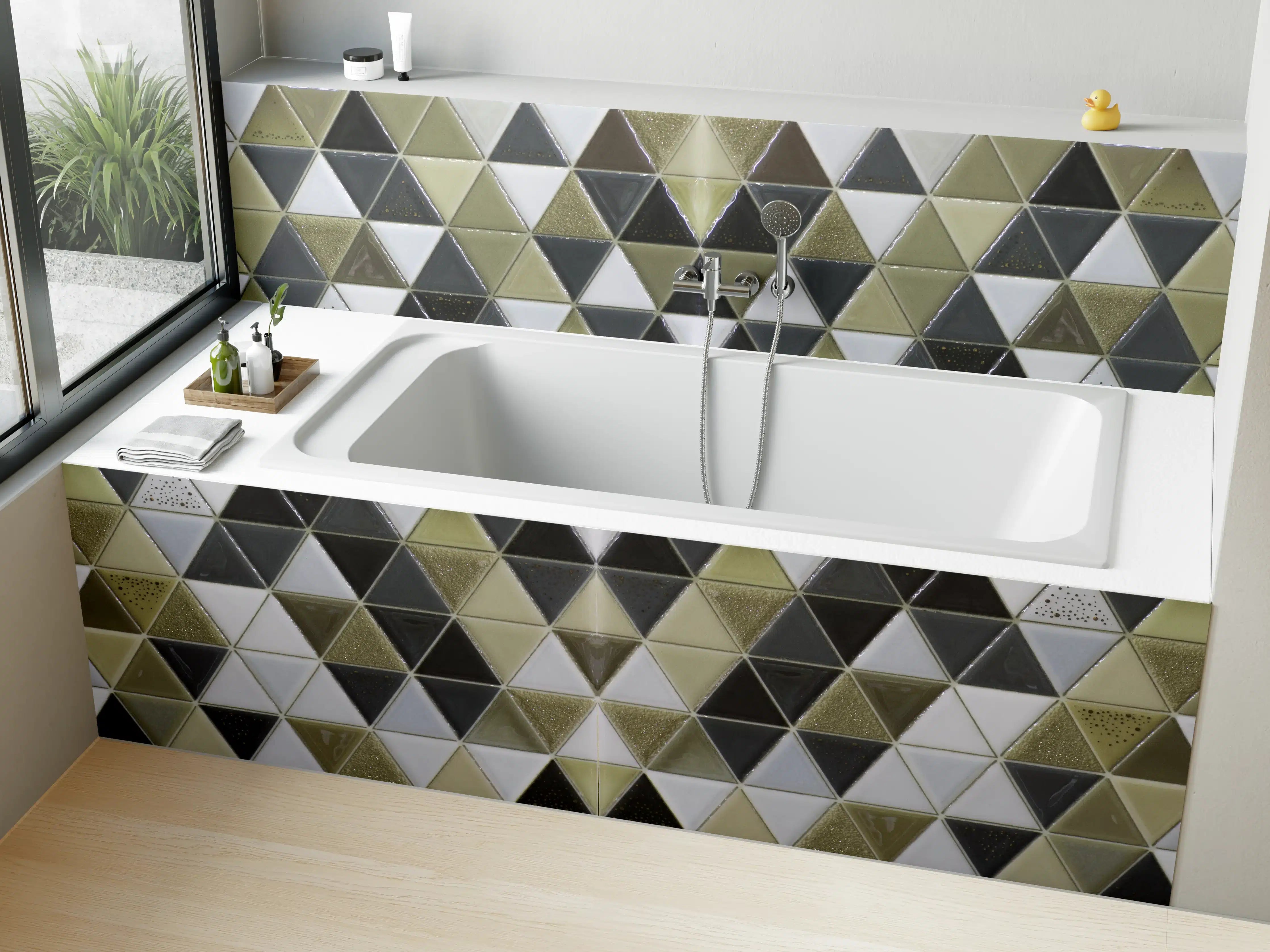 Badewannen-Rückwand - Geometrisches Fliesenmuster Schwarz Weiß Gold