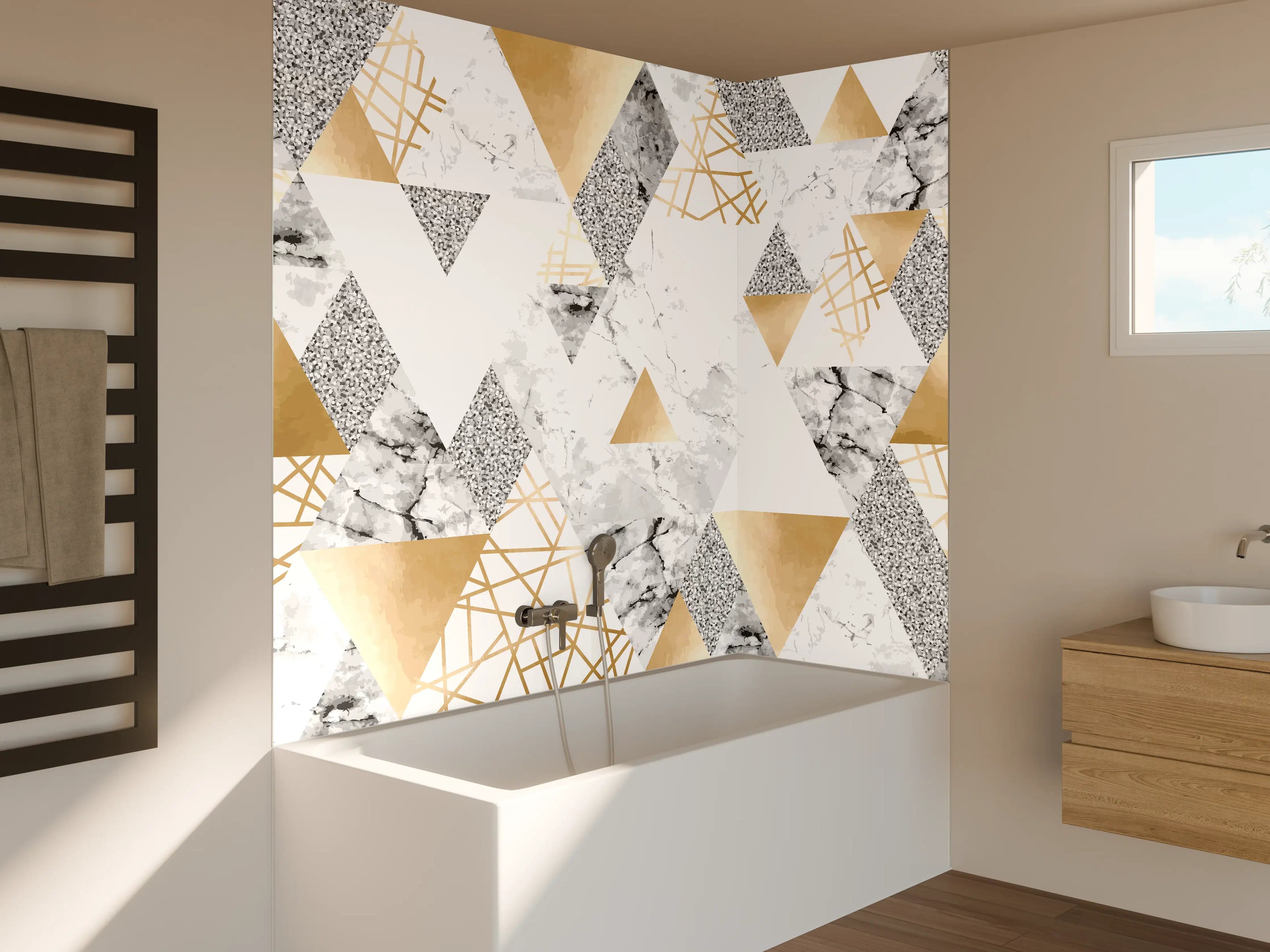 Badewannen-Rückwand - Geometrisches Muster Gold Weiß Grau
