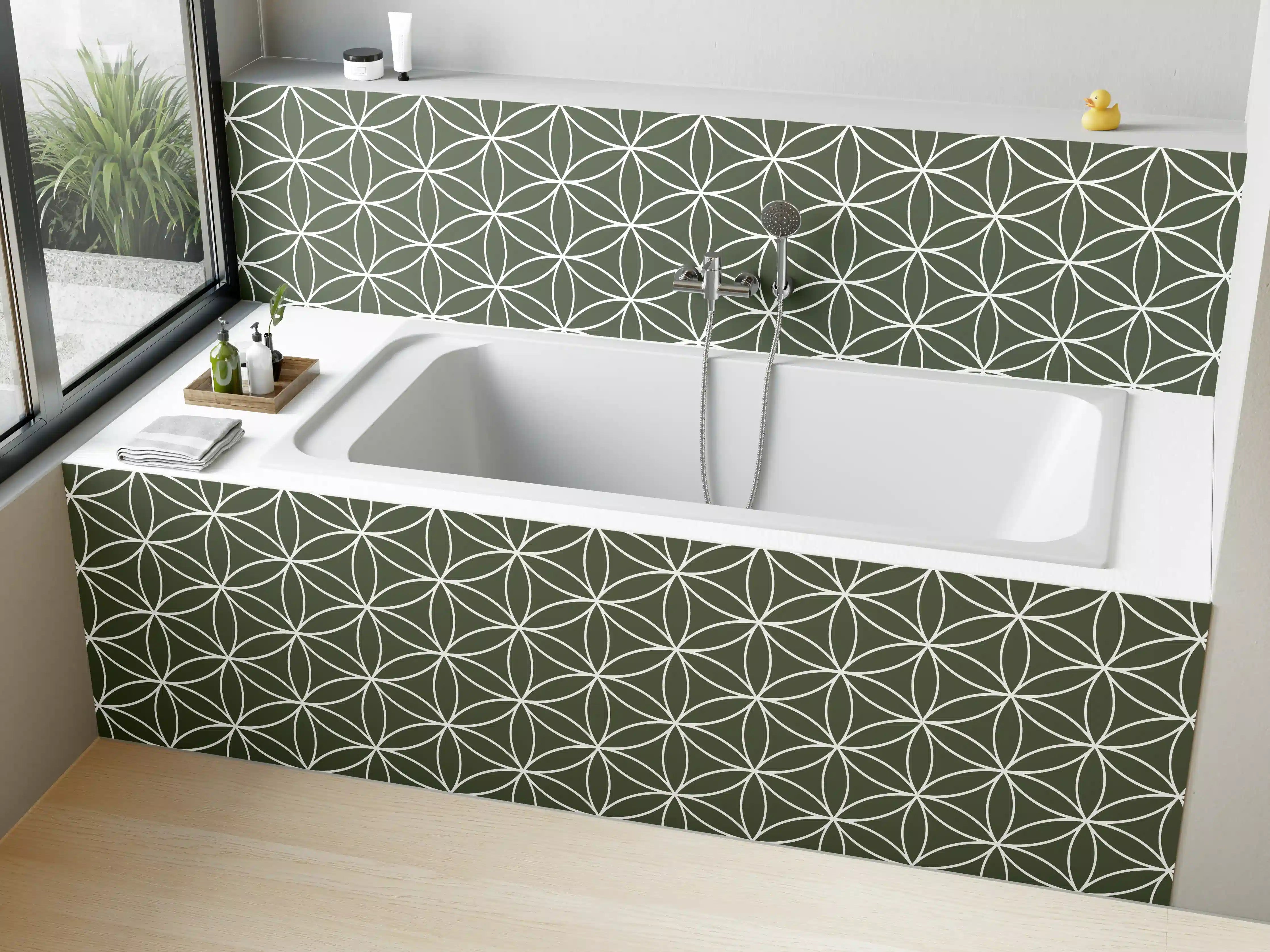 Badewannen-Rückwand - Geometrisches Muster in gedeckten Grün- und Grau-Tönen