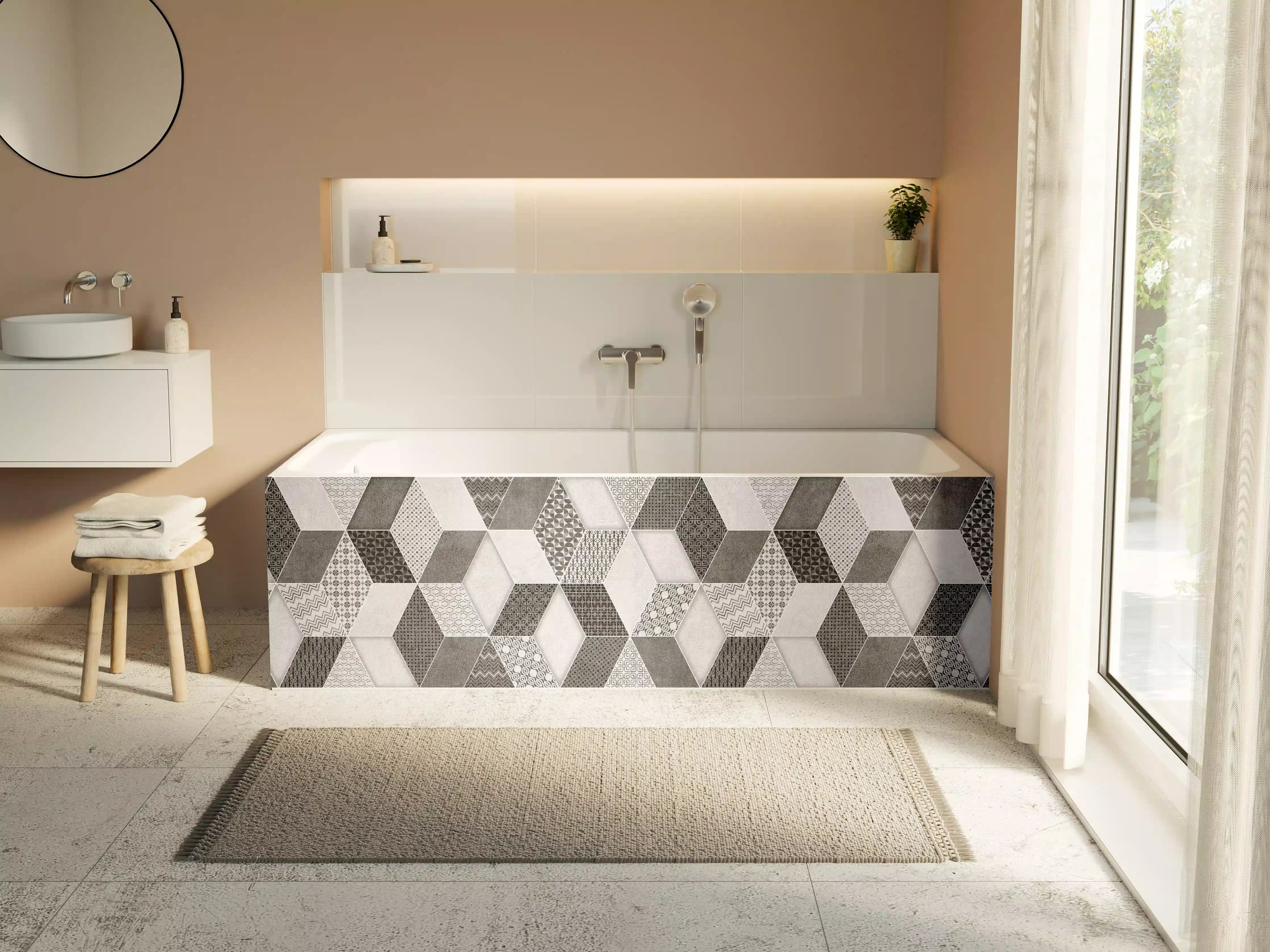 Badewannen-Rückwand - Geometrisches Retro-Fliesen Muster