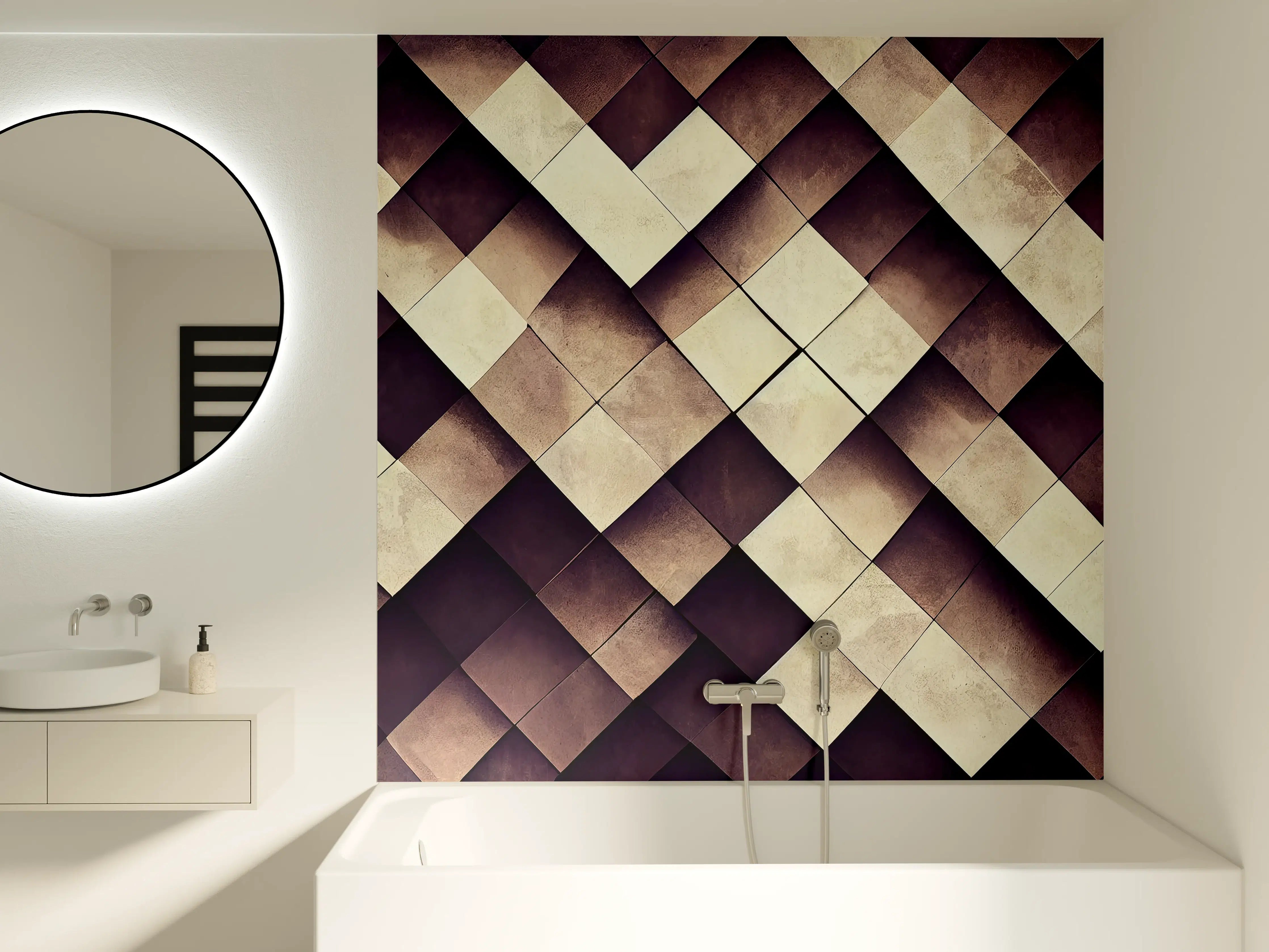 Badewannen-Rückwand - Geometrisches Schachbrett-Muster Braun