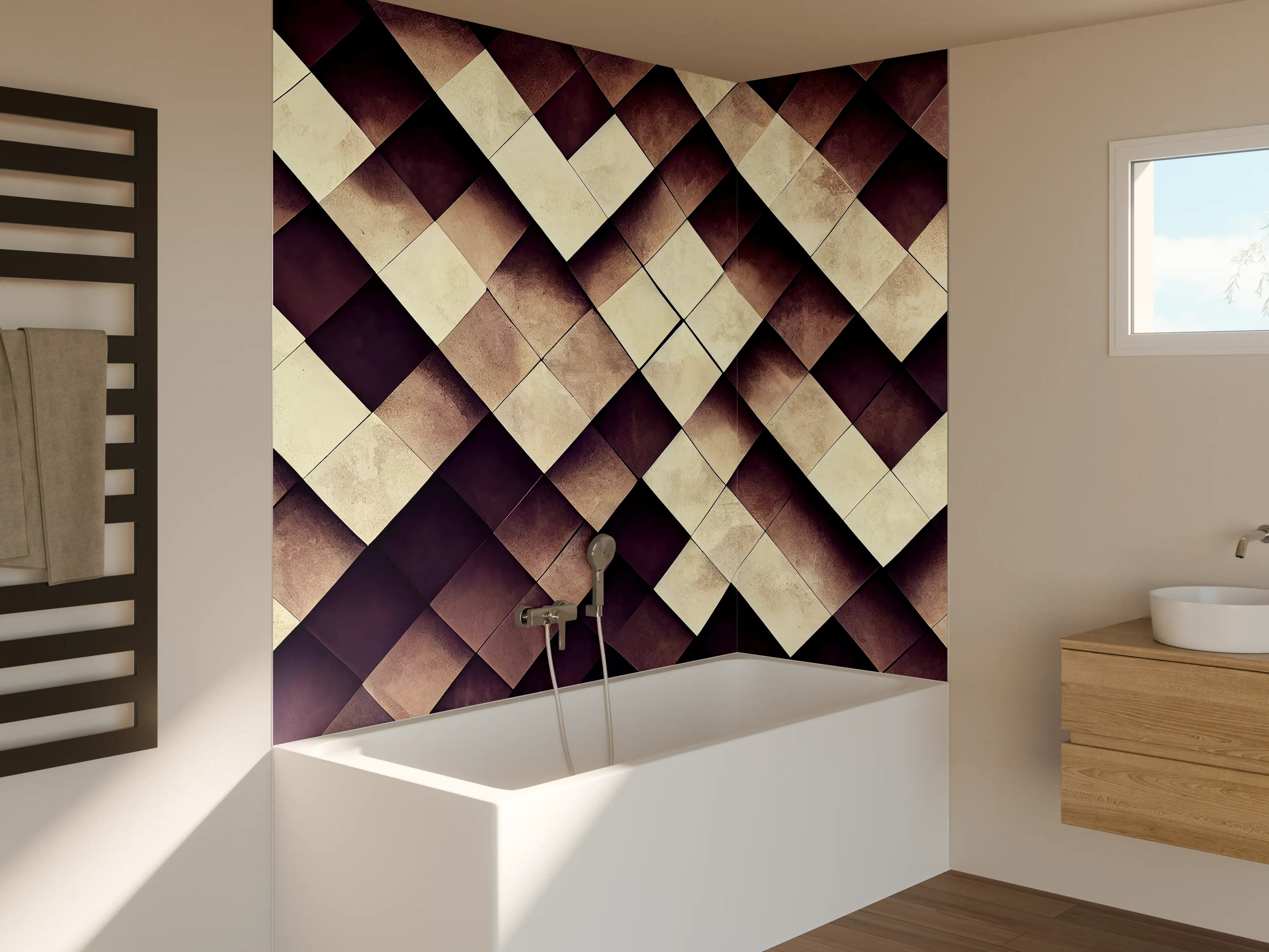 Badewannen-Rückwand - Geometrisches Schachbrett-Muster Braun