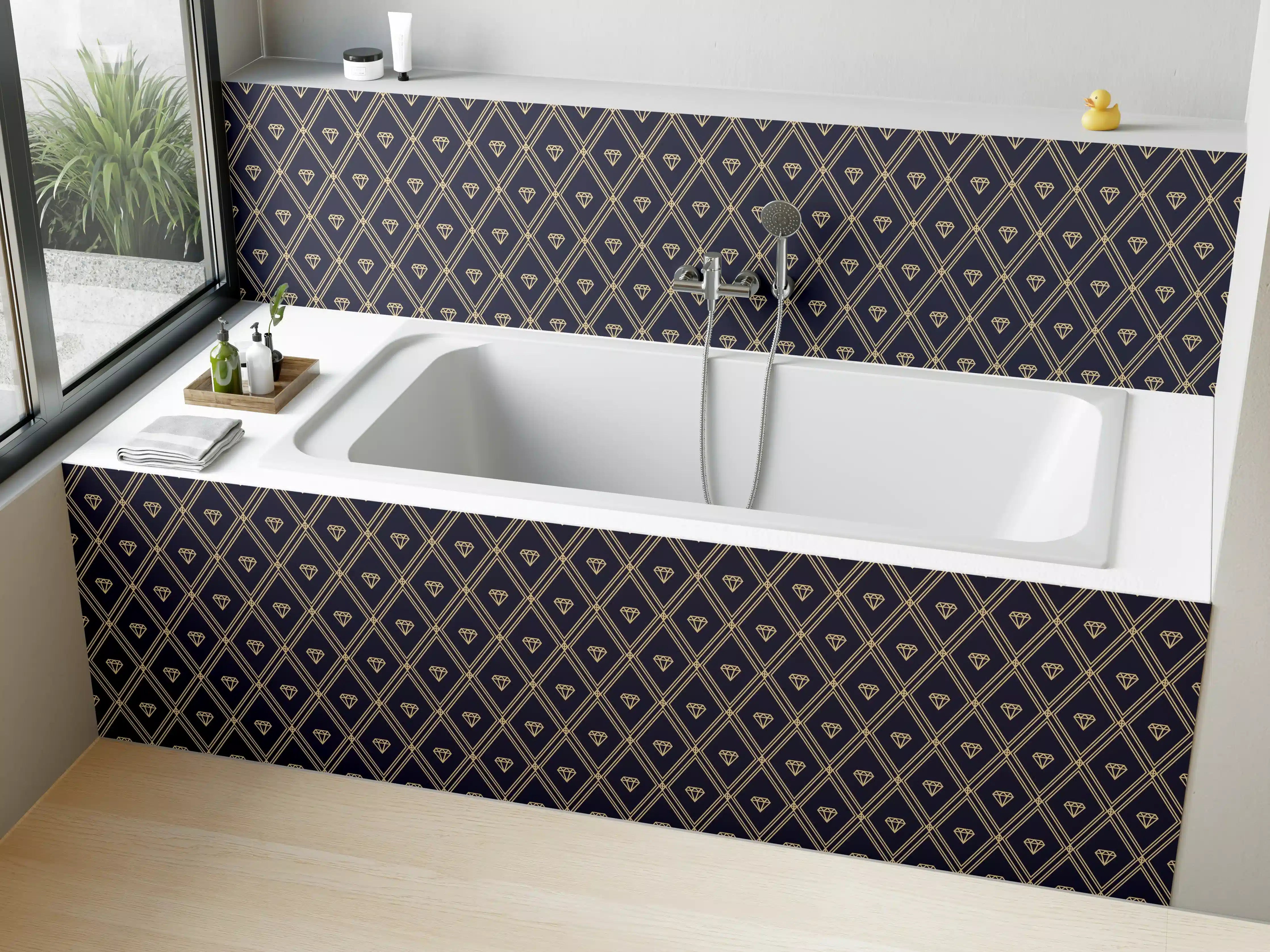 Badewannen-Rückwand - Geometrisches Schwarz-Blau Muster