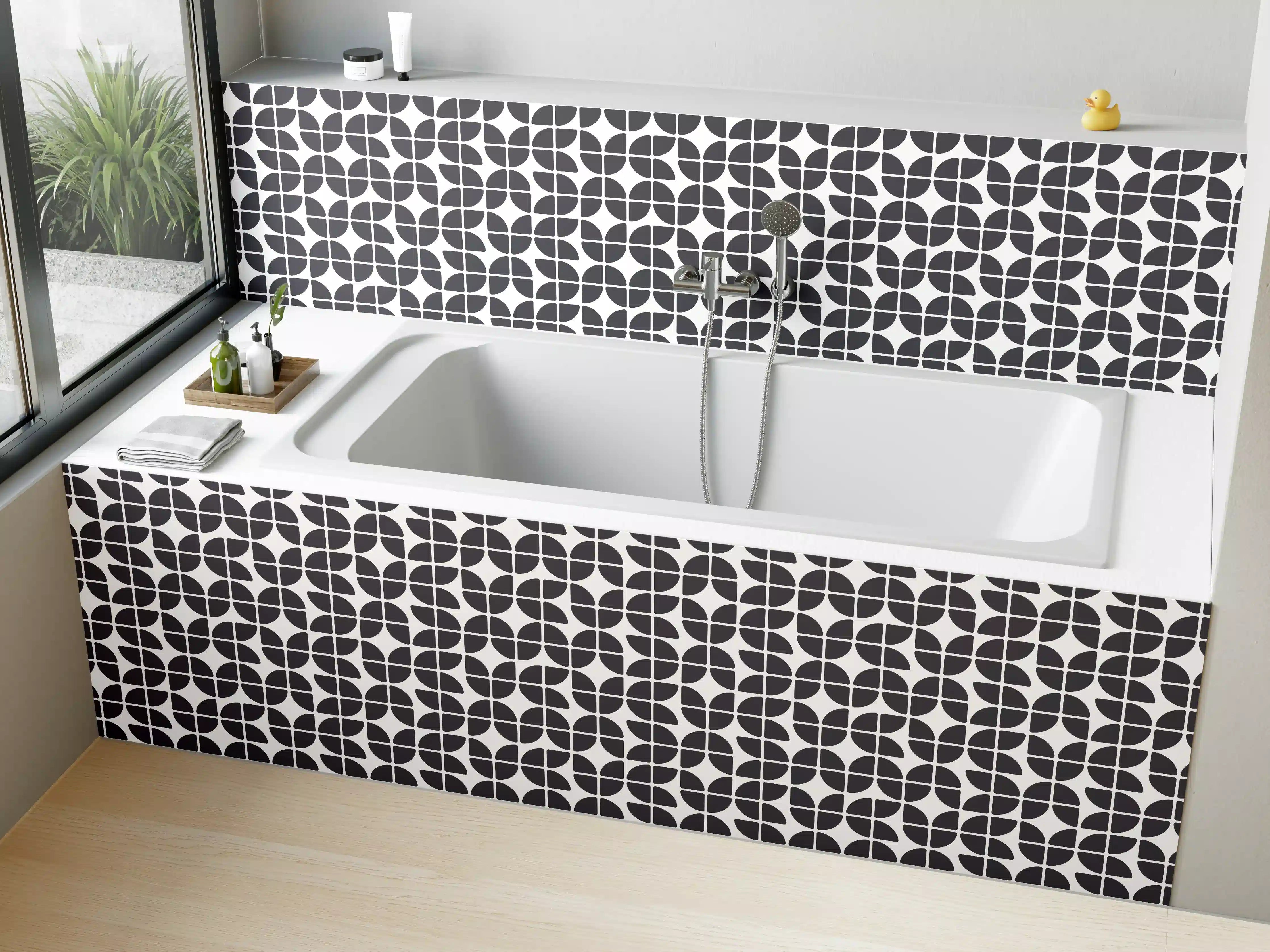 Badewannen-Rückwand - Geometrisches Schwarz-Weiß-Muster mit grafischem Design