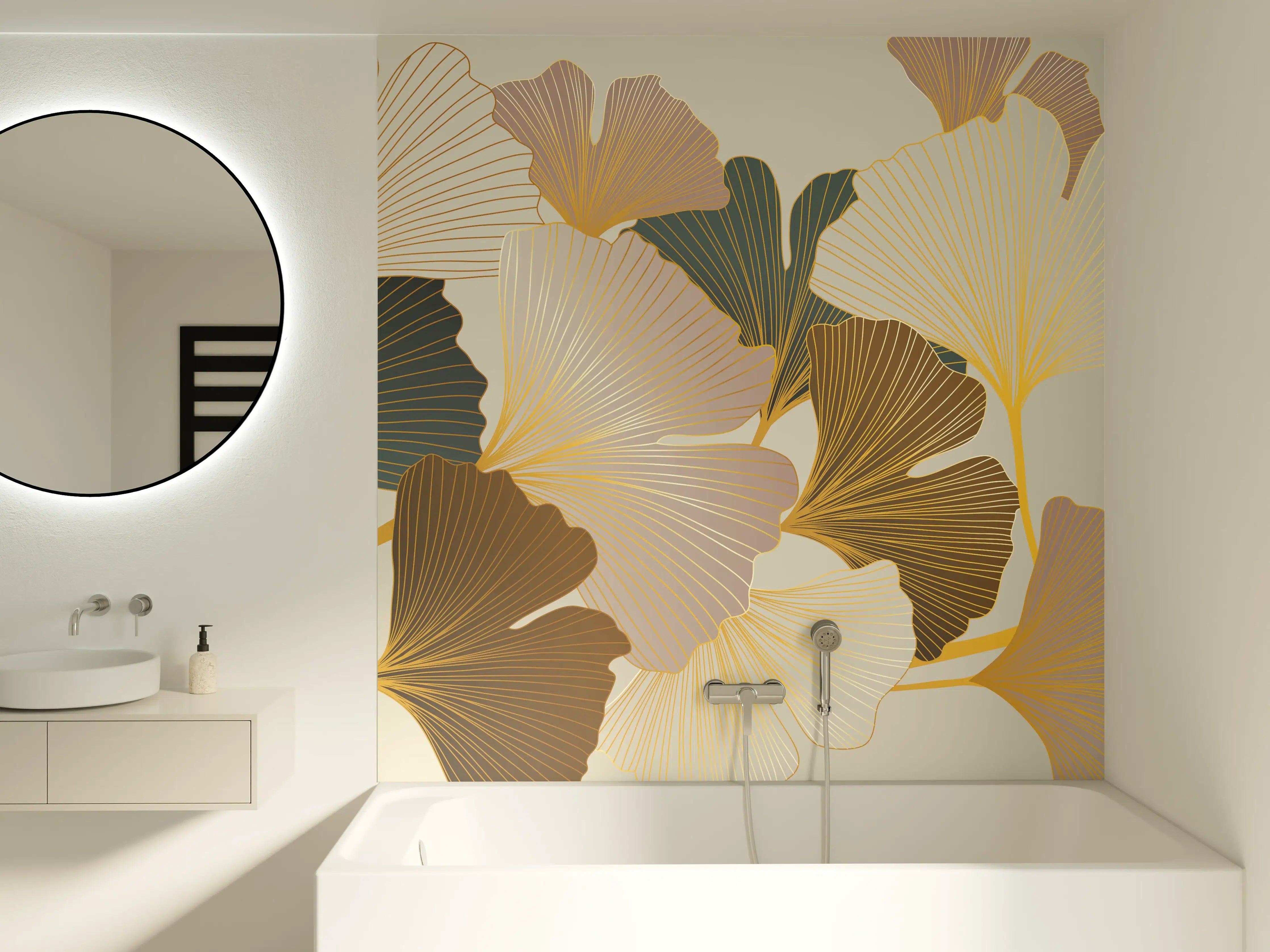 Badewannen-Rückwand - Ginkgo Blätter Design Beige