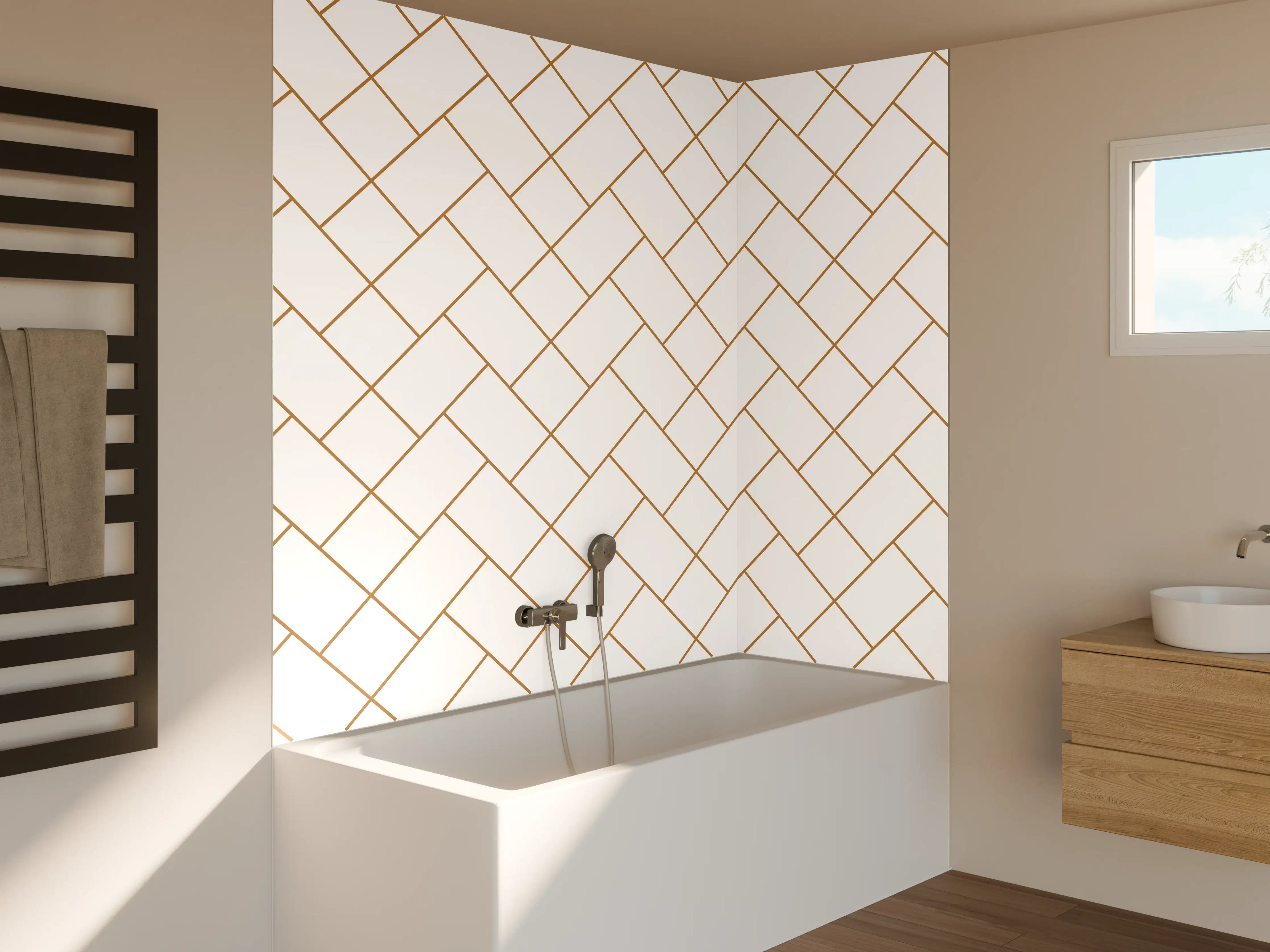 Badewannen-Rückwand - Gittermuster in Gold auf Weiß